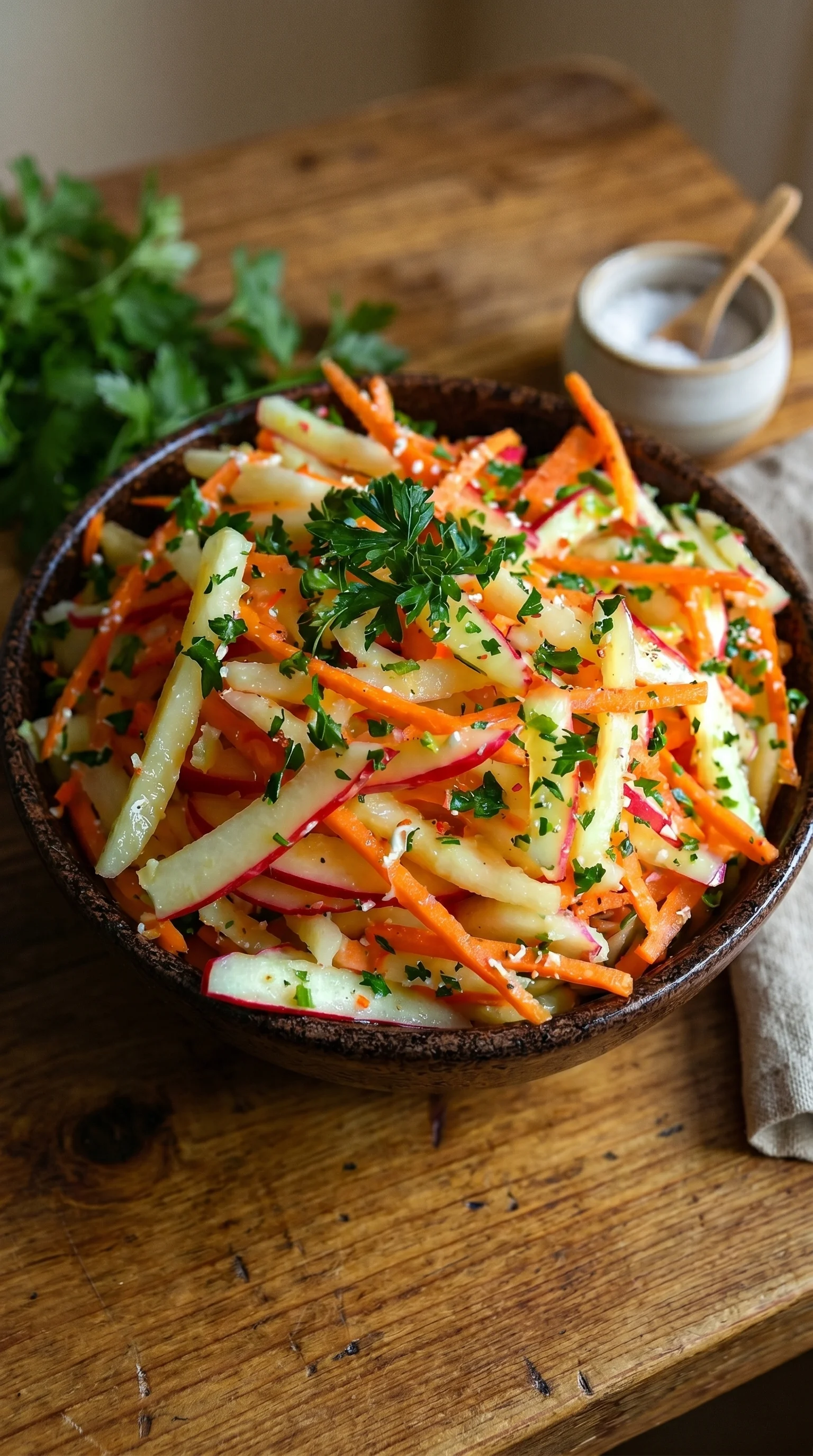 A bowl of fresh vegetables including carrots, radishes, and apples.
