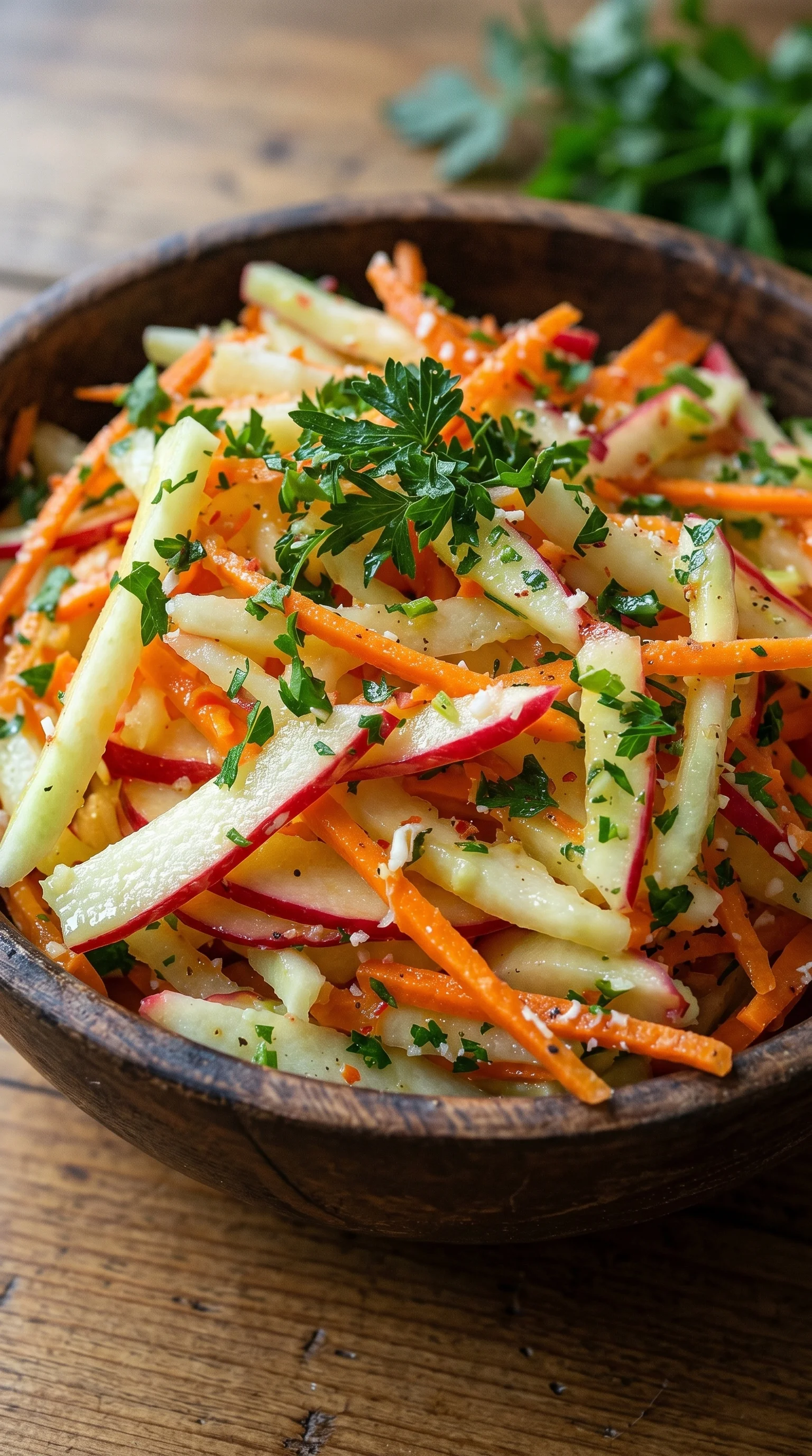 A bowl of fresh vegetables including carrots, apples, and parsley.