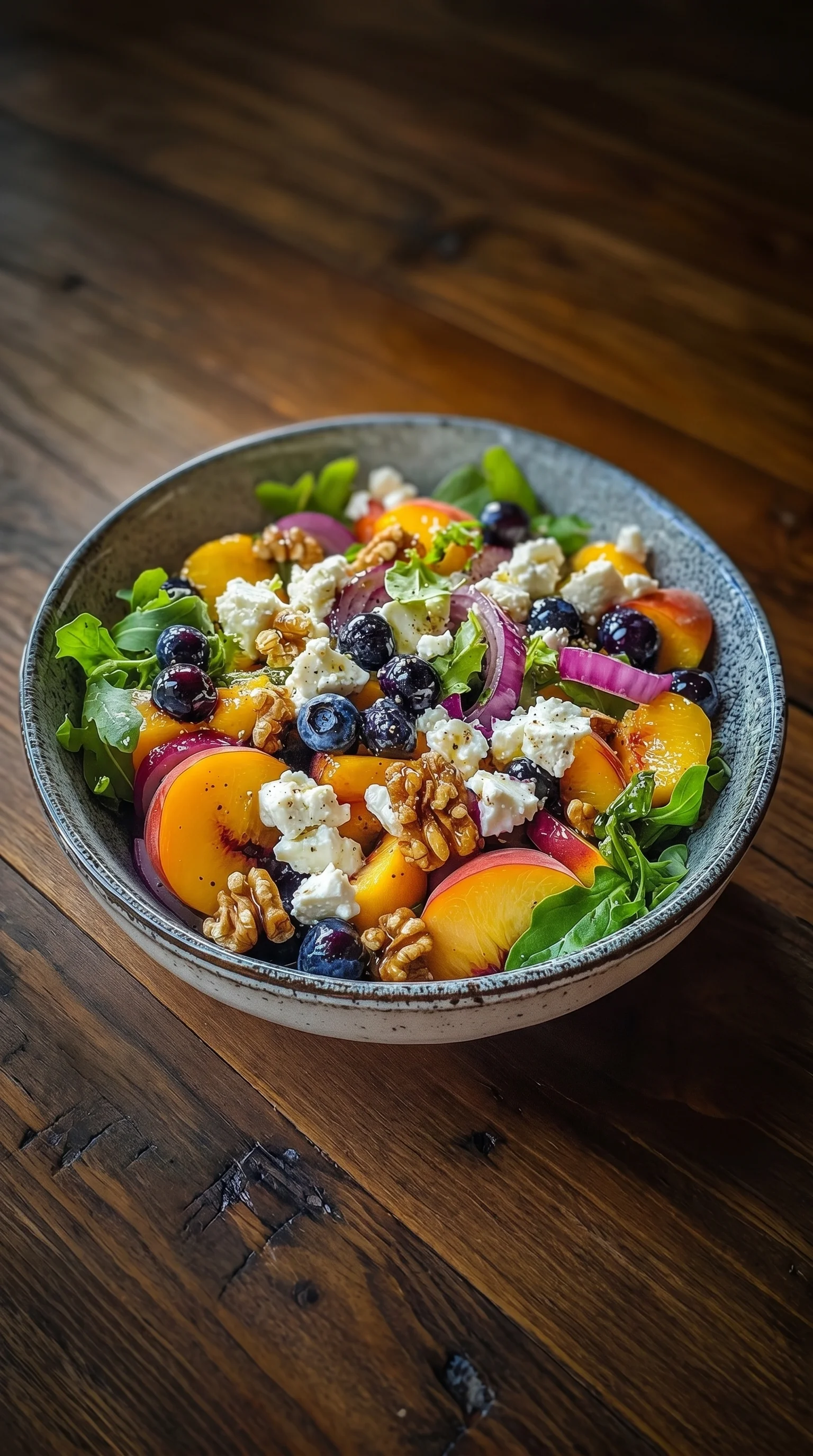 A bowl of salad with peaches, blueberries, and feta cheese.