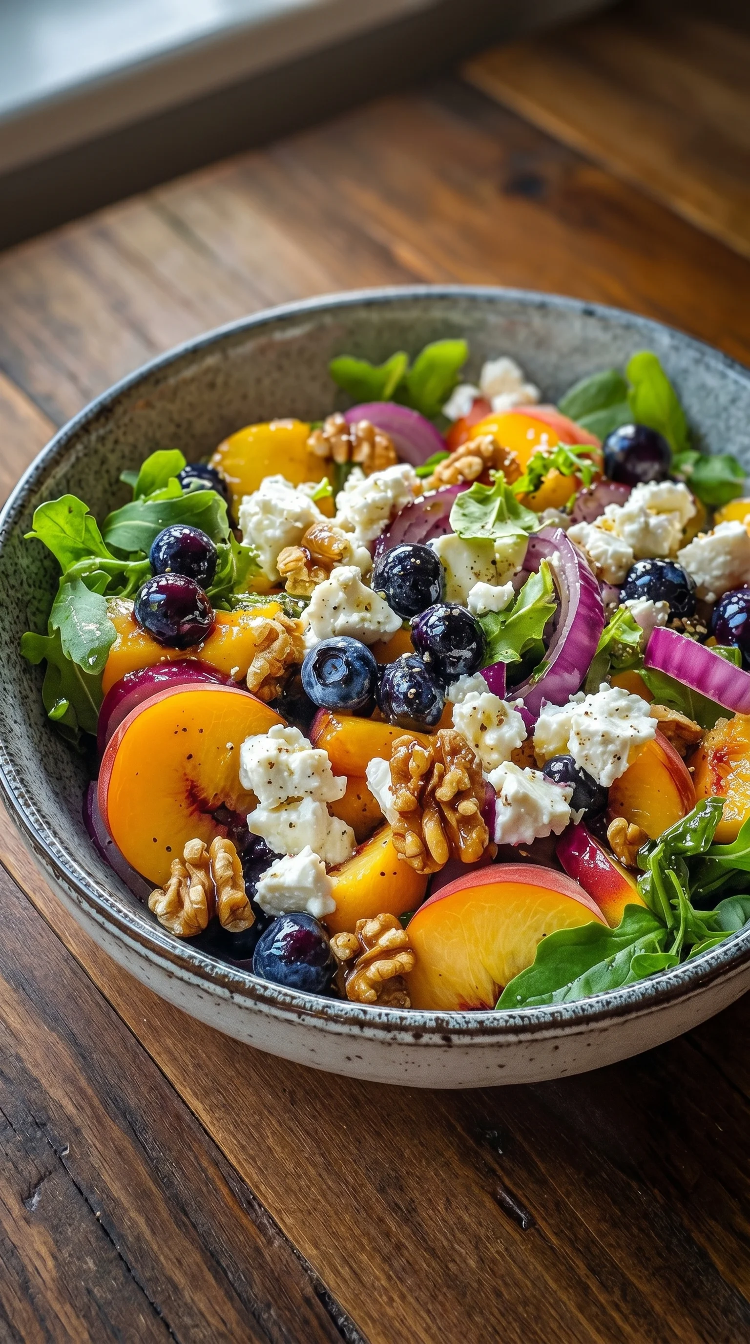 A bowl of fruit salad with blueberries, peaches, and walnuts.