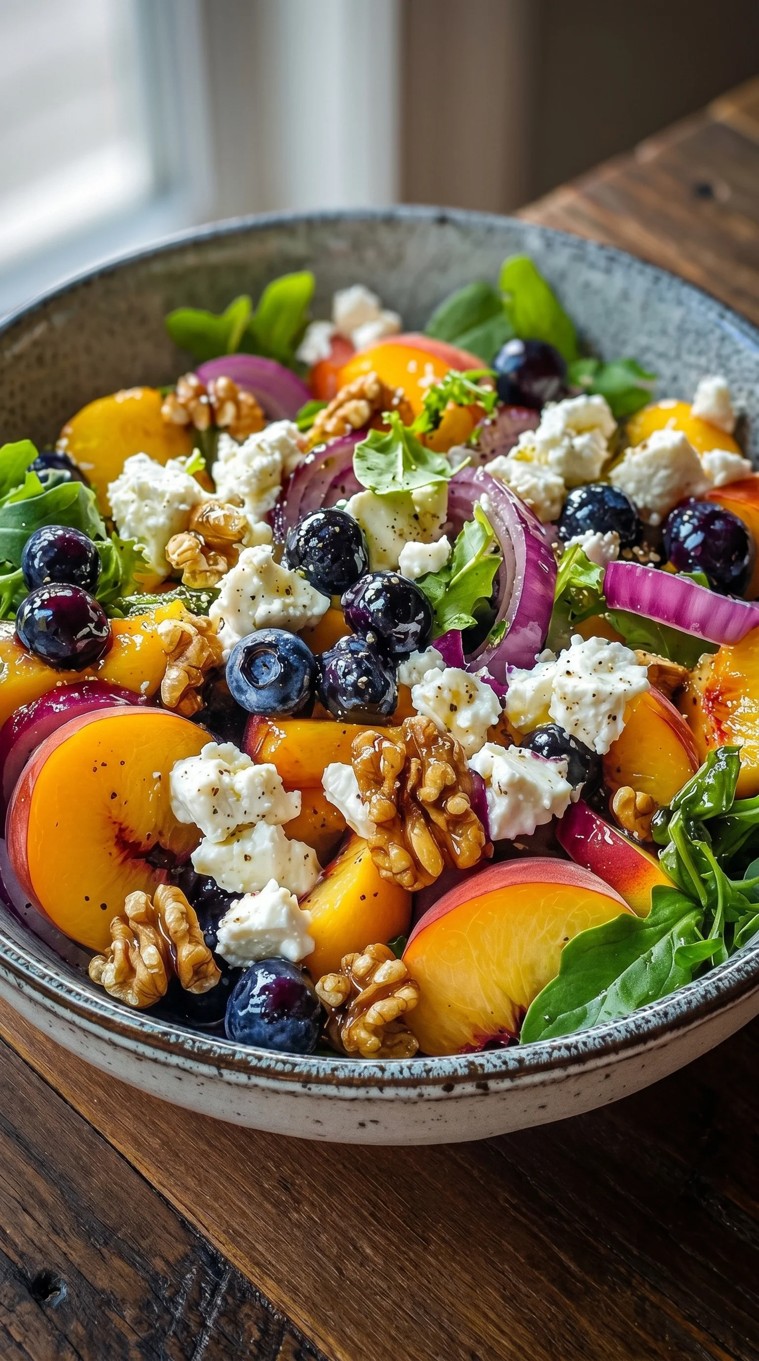 A bowl of fruit salad with blueberries, peaches, and walnuts.