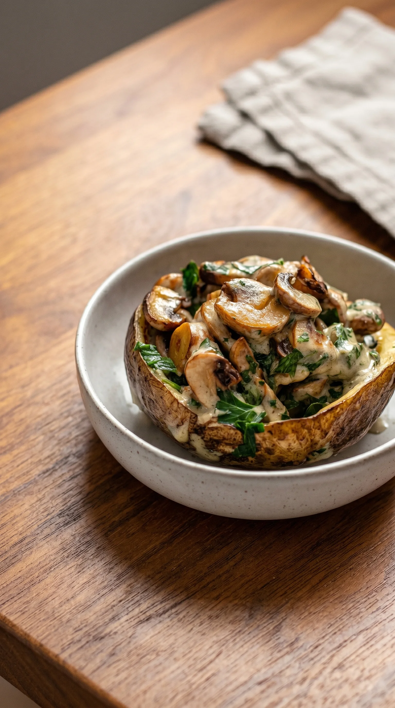 A bowl of food with a mushroom and spinach filling.