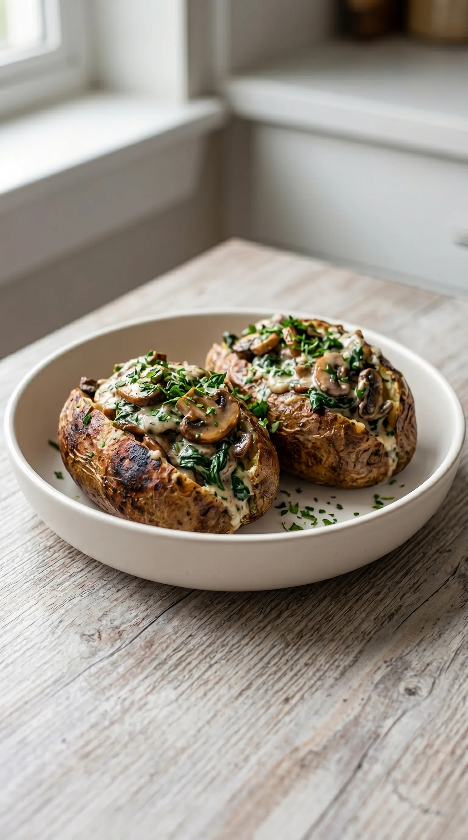 Two baked potatoes with mushroom and spinach filling.