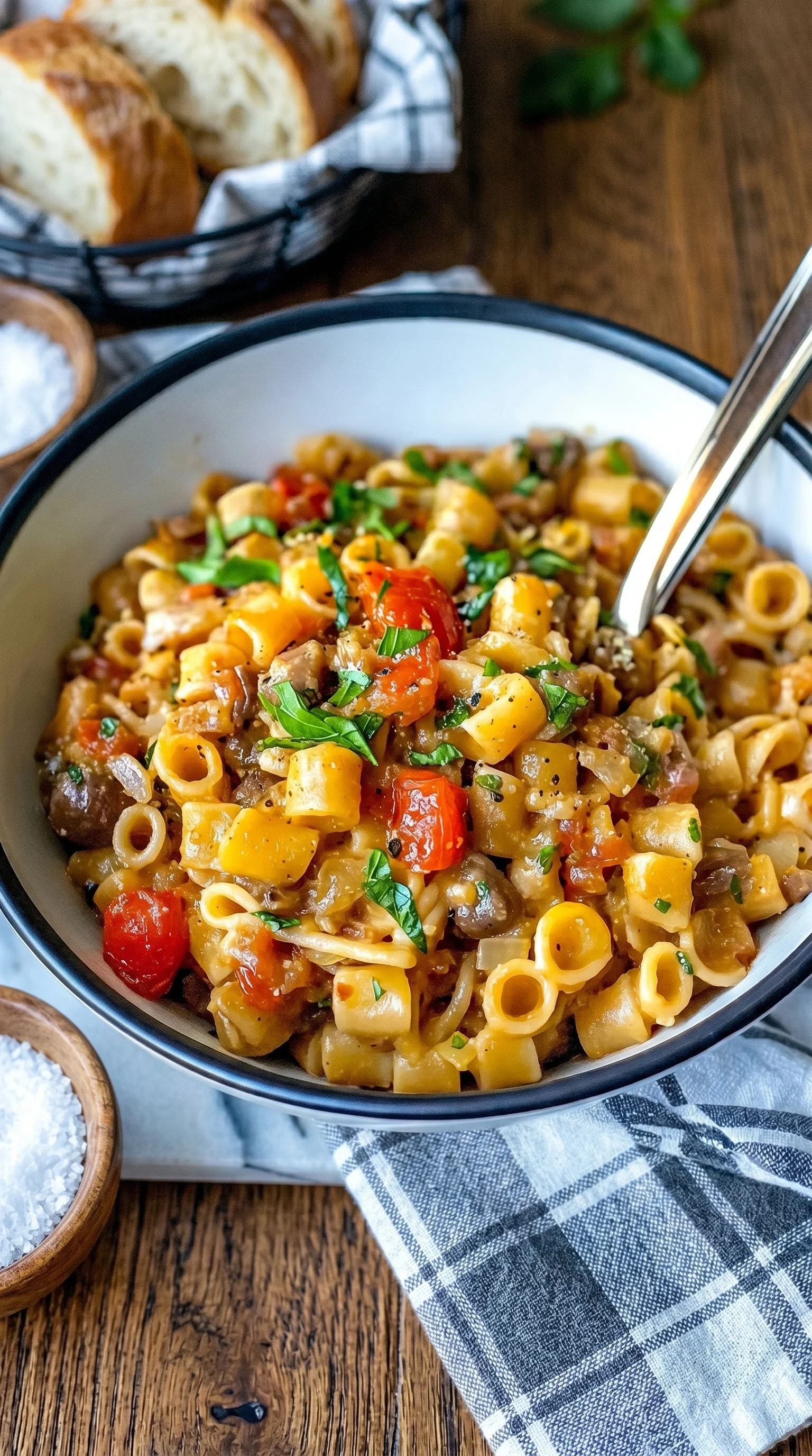 A bowl of pasta with tomatoes and spinach.