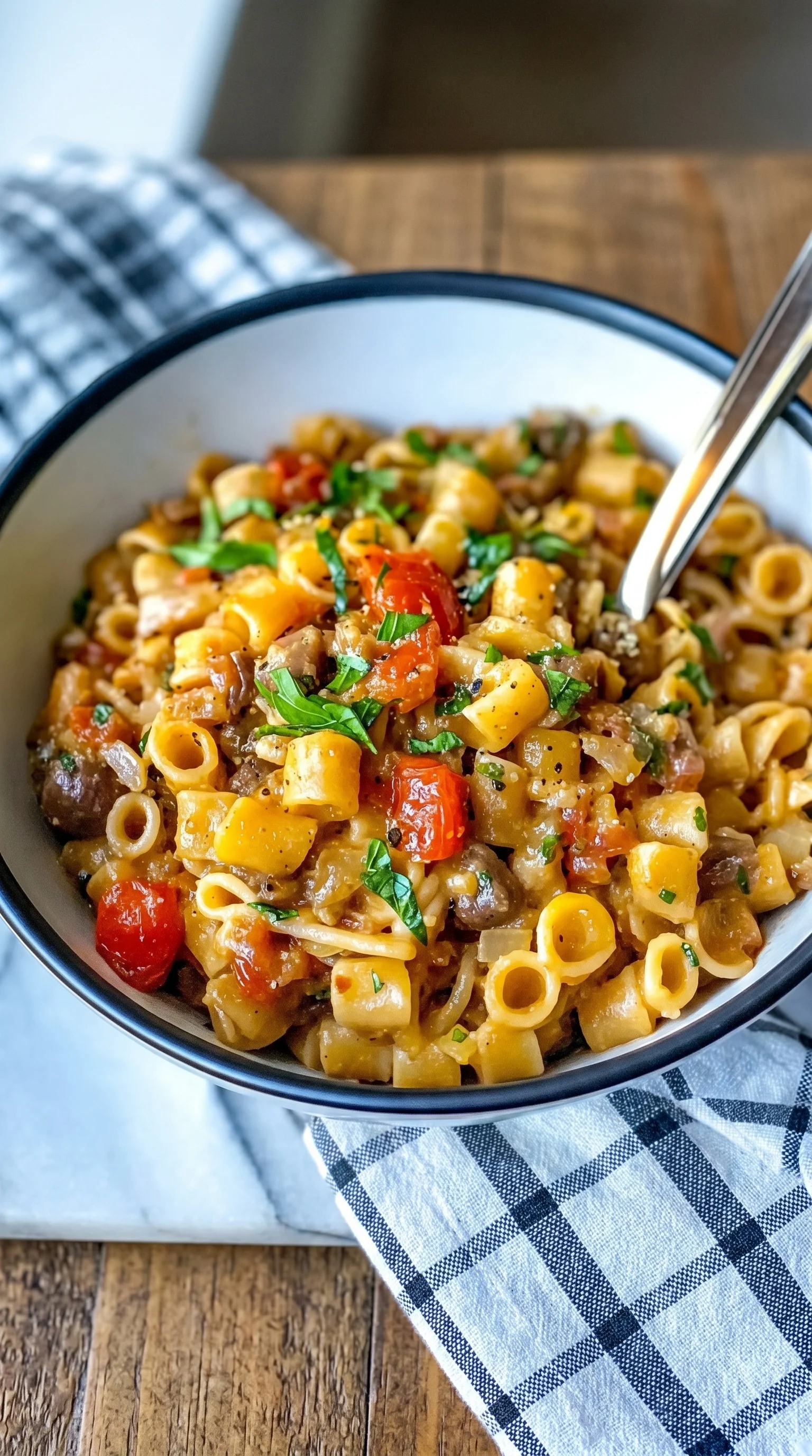 A bowl of pasta with tomatoes and spinach.