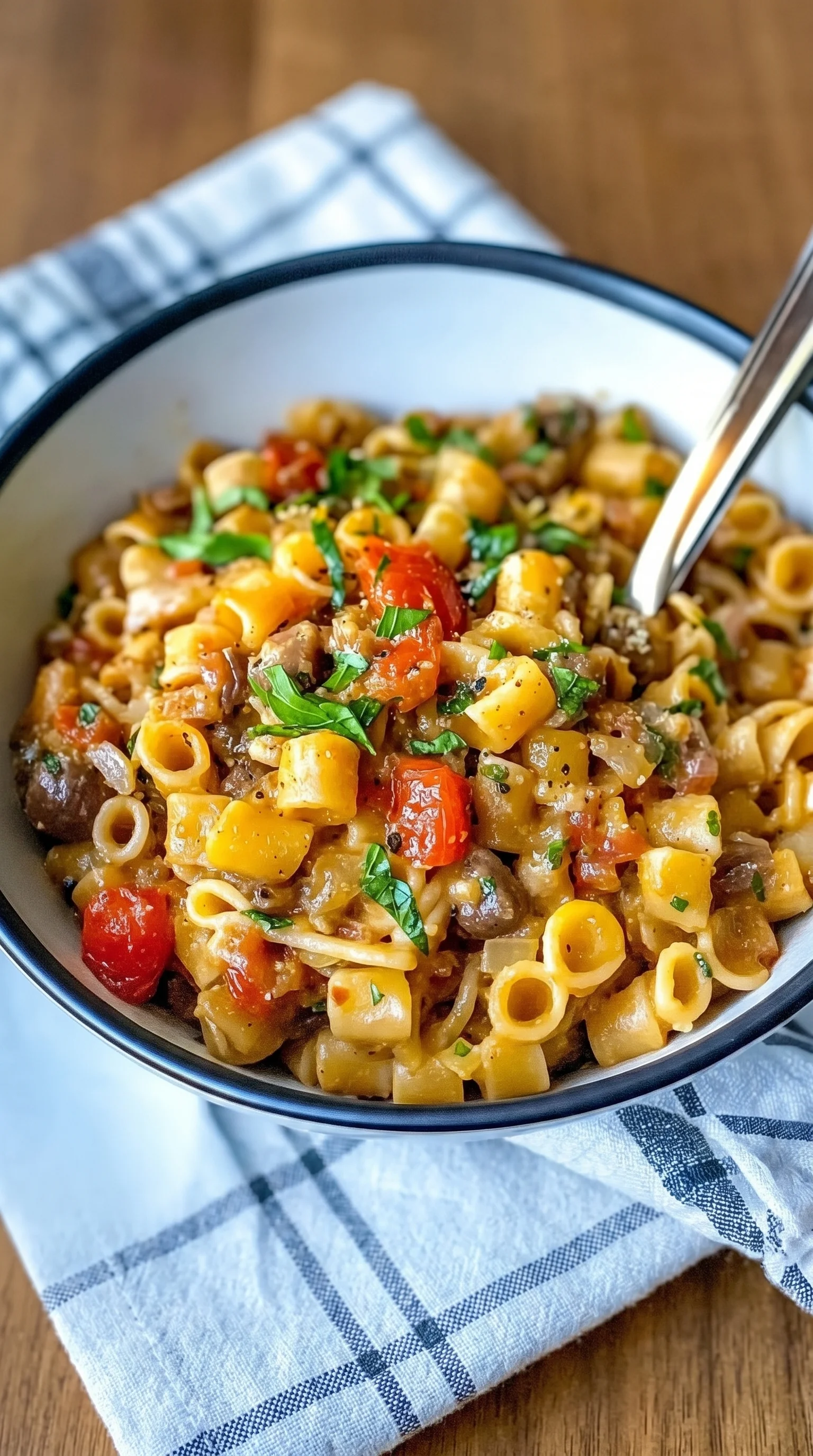 A bowl of pasta with tomatoes and spinach.