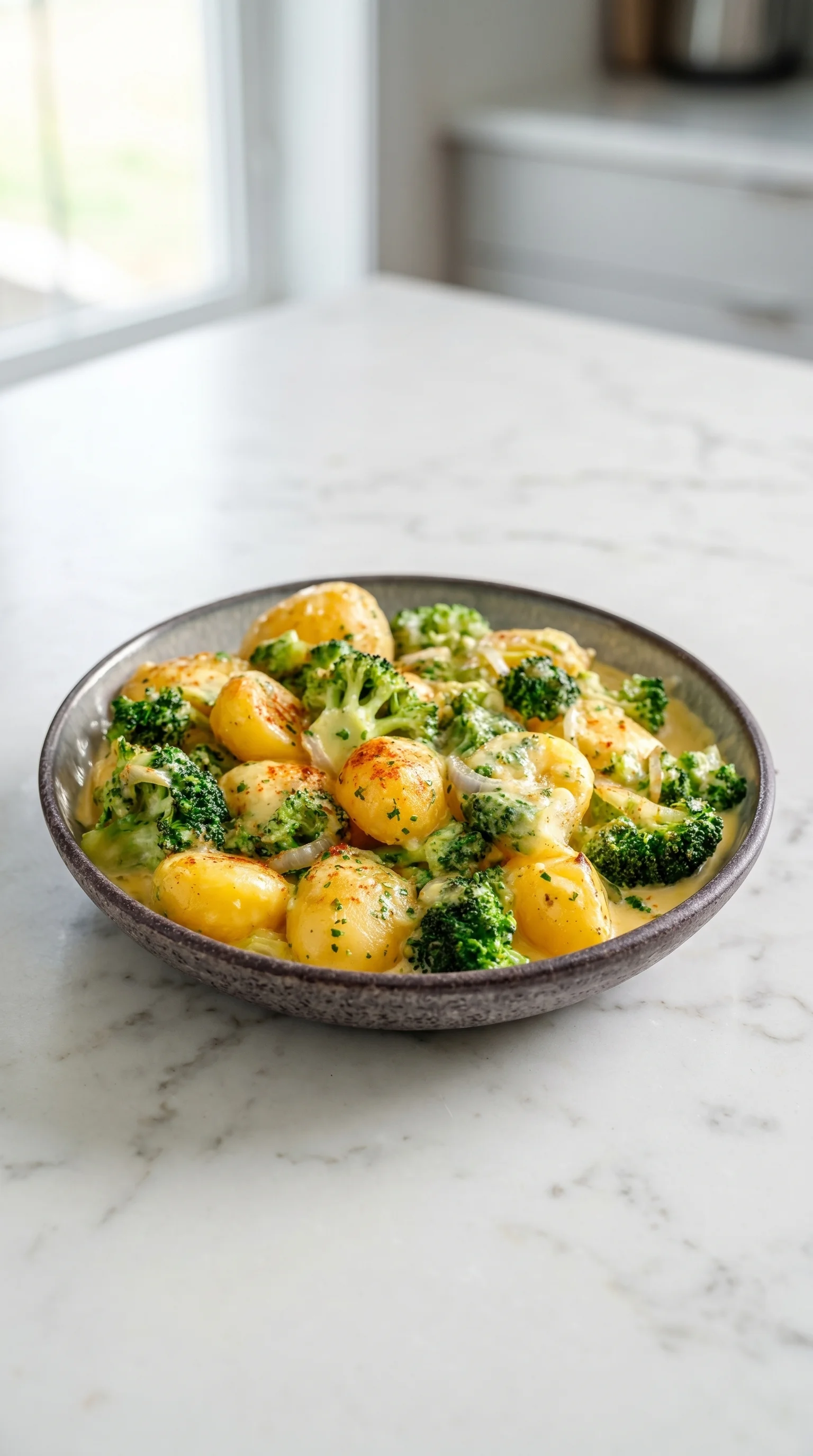 A bowl of broccoli and potatoes.