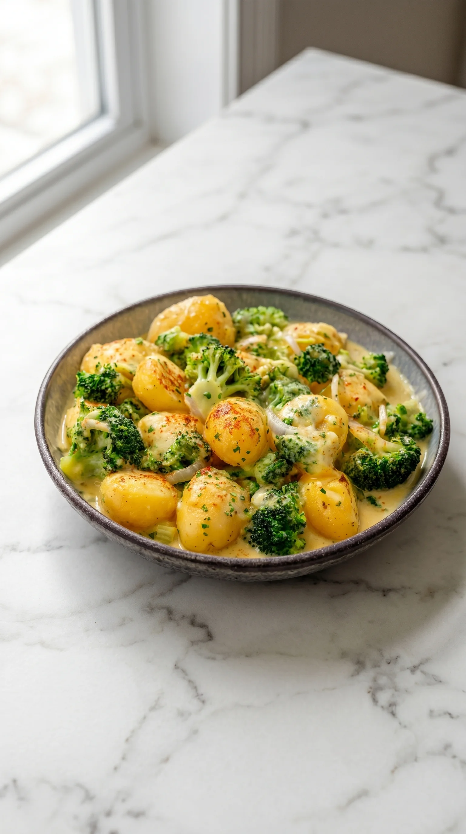 A bowl of broccoli and potatoes.
