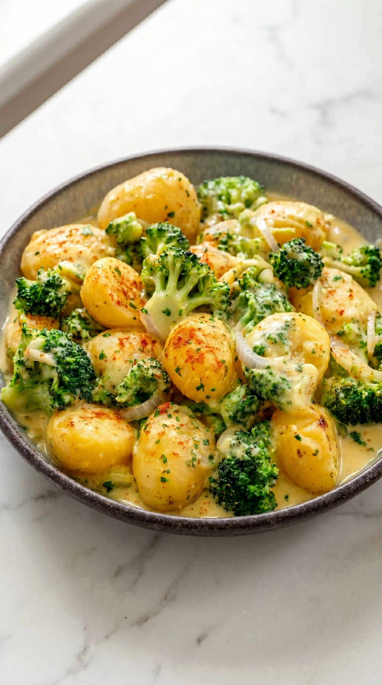 A bowl of food with broccoli and potatoes.