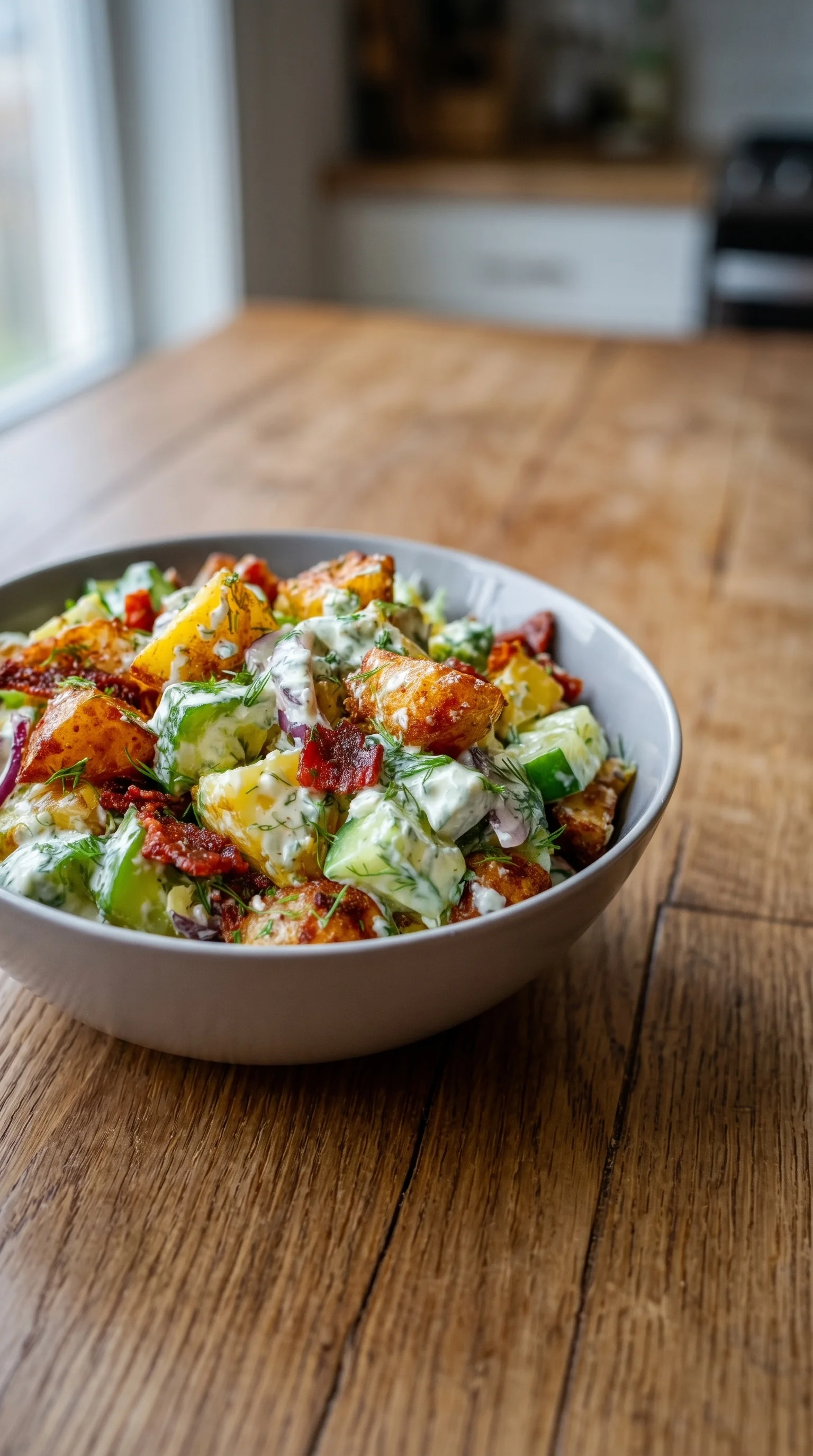 A bowl of food with a salad in it.