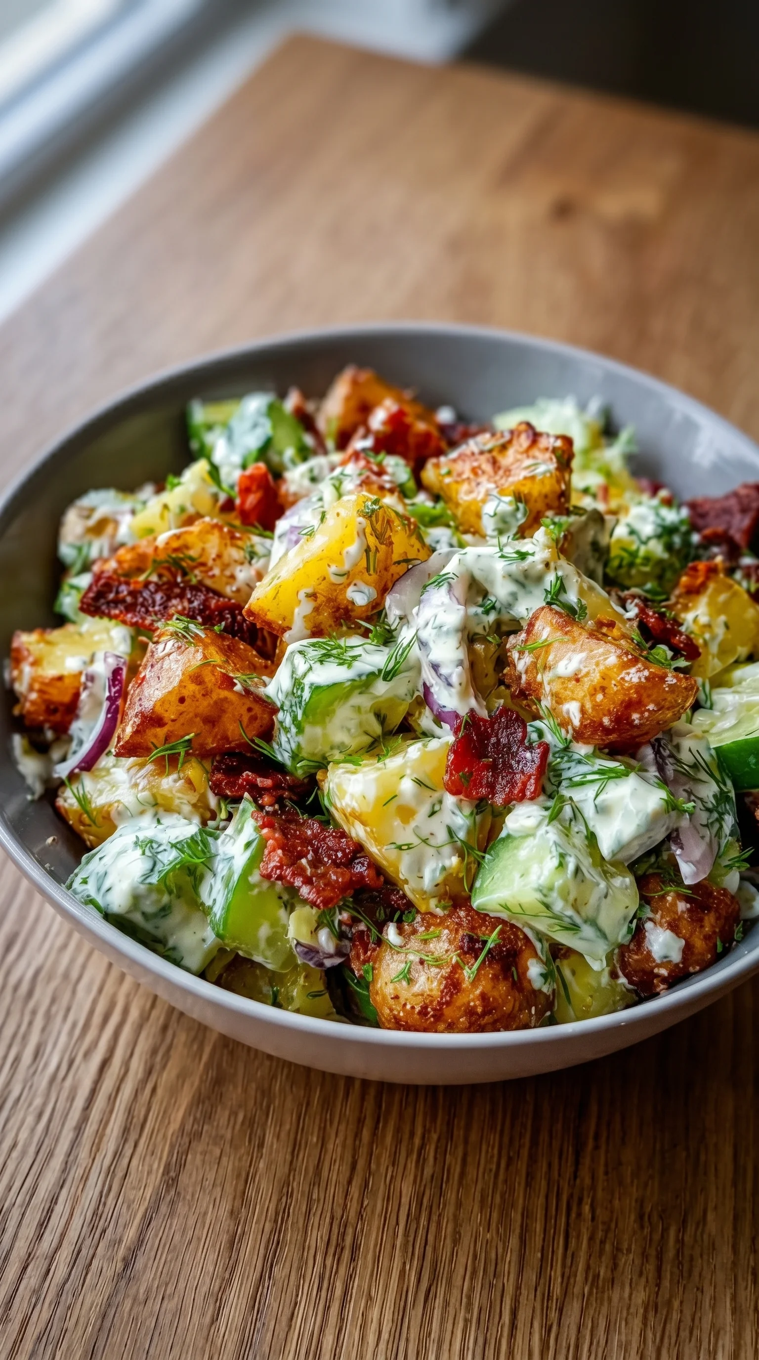 A bowl of food with a salad of potatoes, broccoli, and other vegetables.