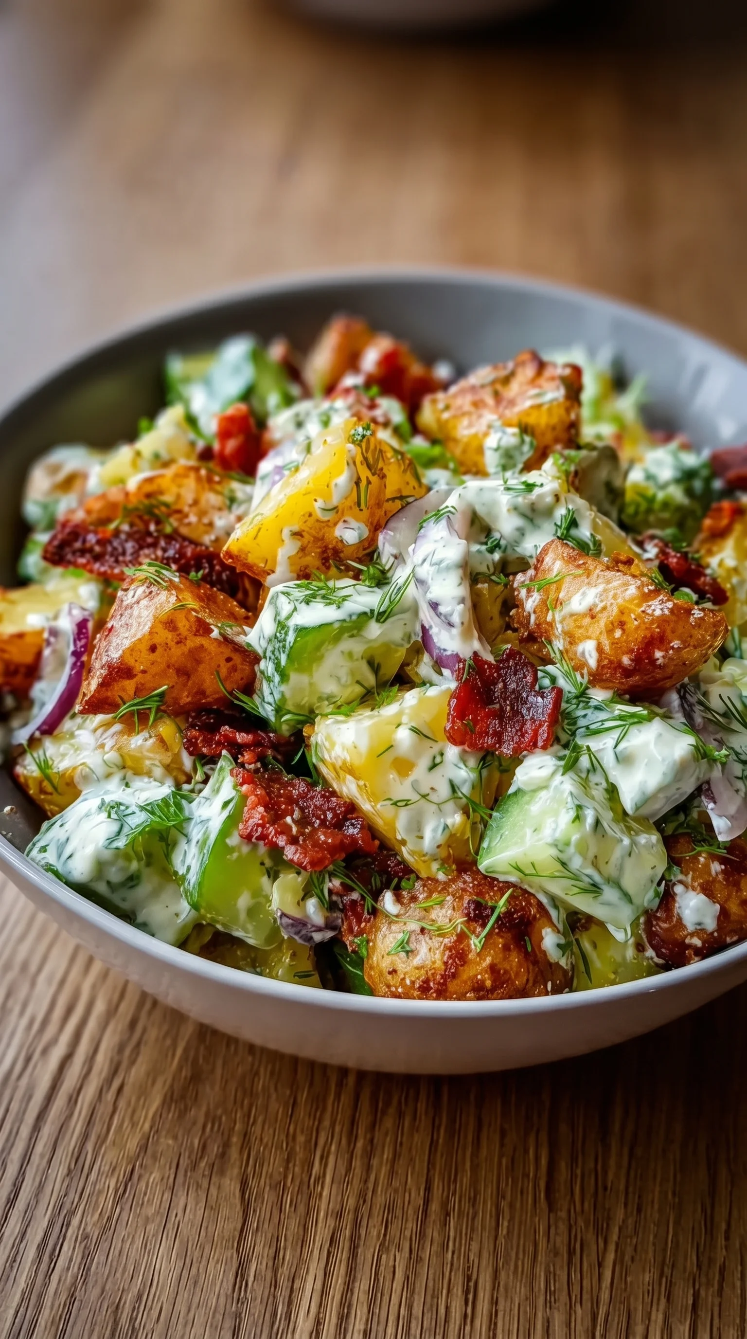 A bowl of food with a white sauce.