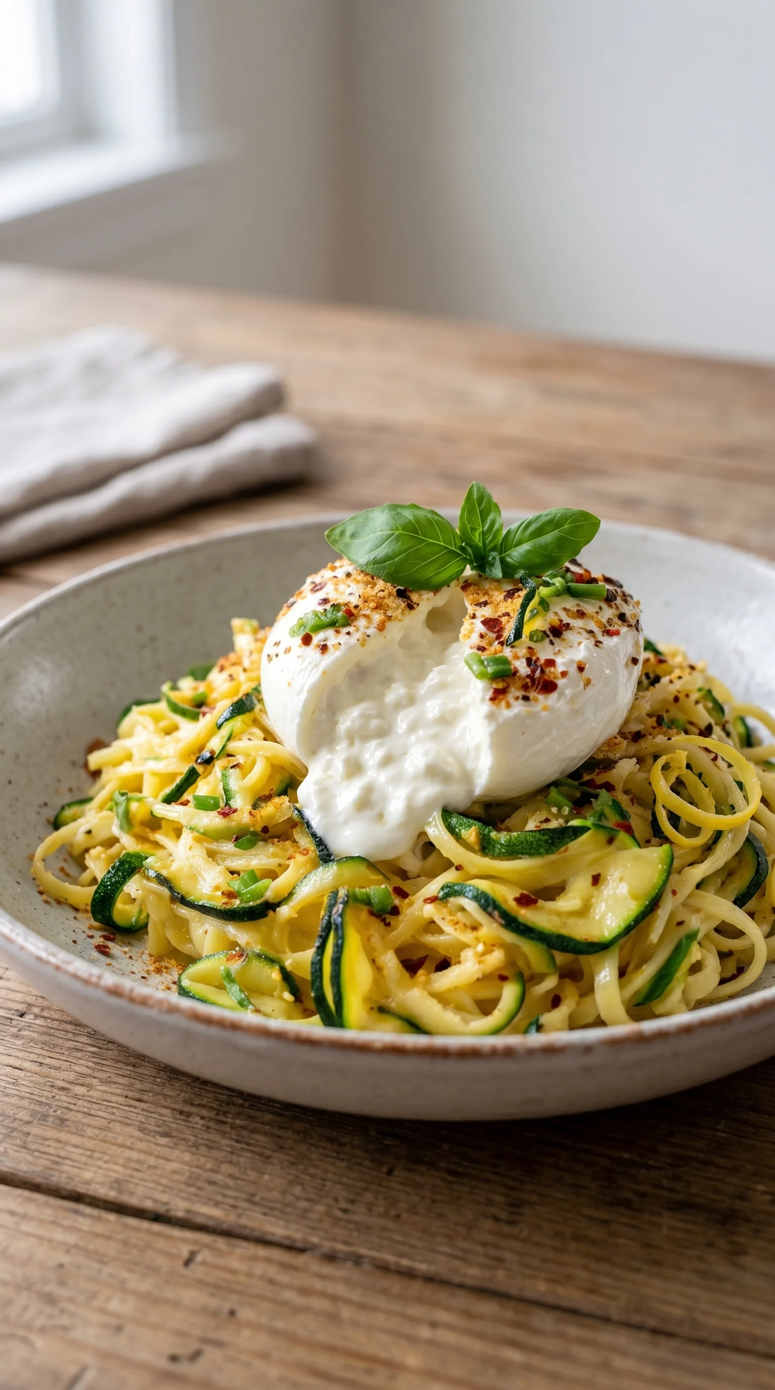A bowl of pasta with zucchini and burrata.
