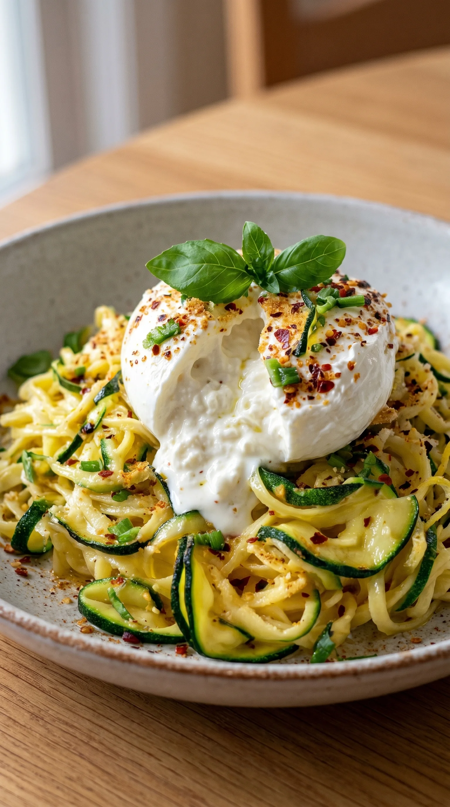 A bowl of pasta with zucchini and burrata.