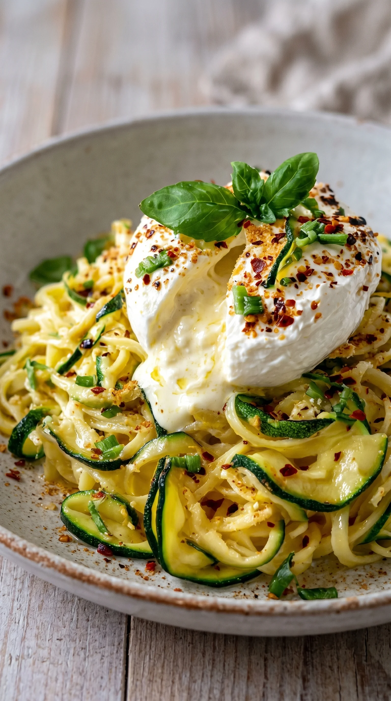 A bowl of pasta with zucchini and burrata cheese.