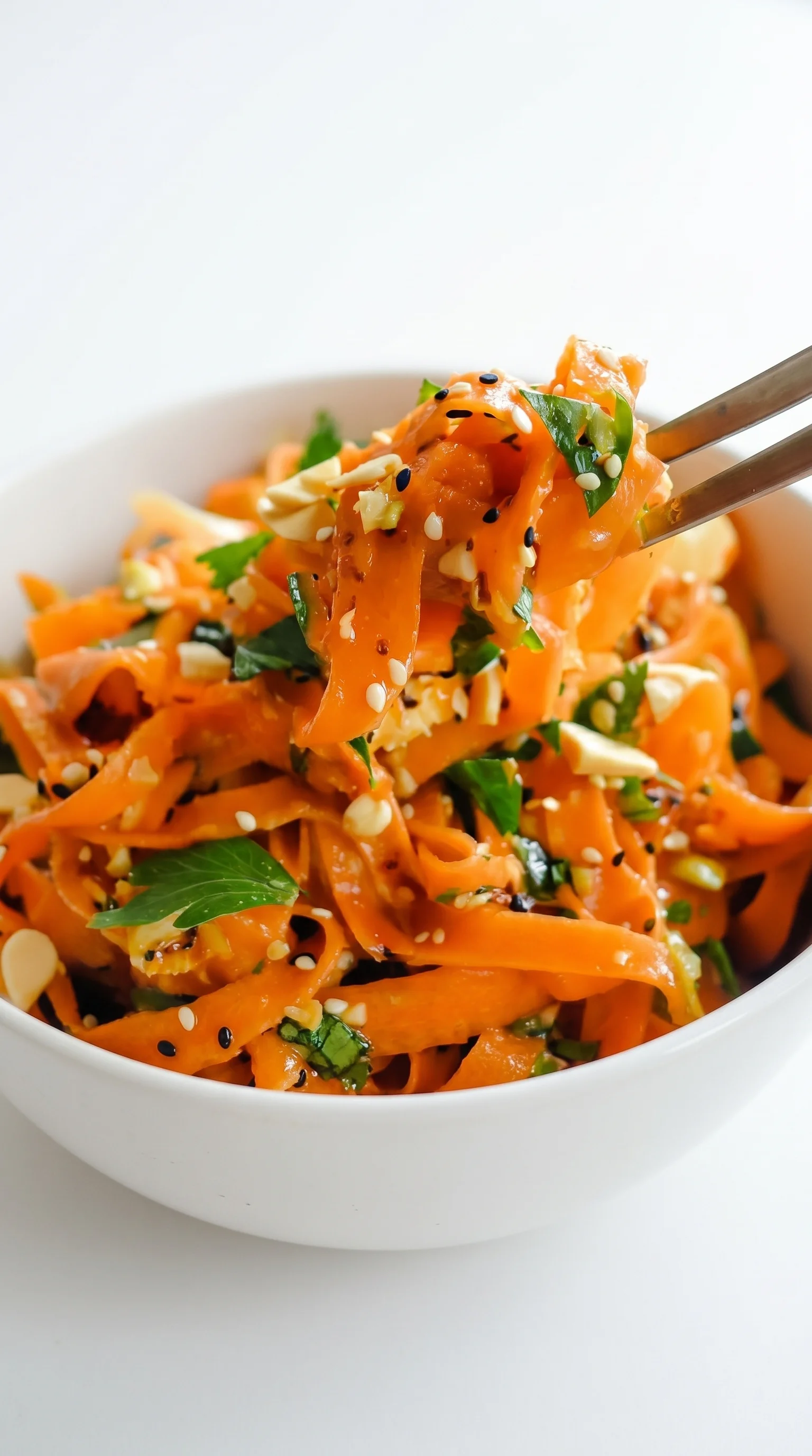 A bowl of carrots with sesame seeds and ginger.