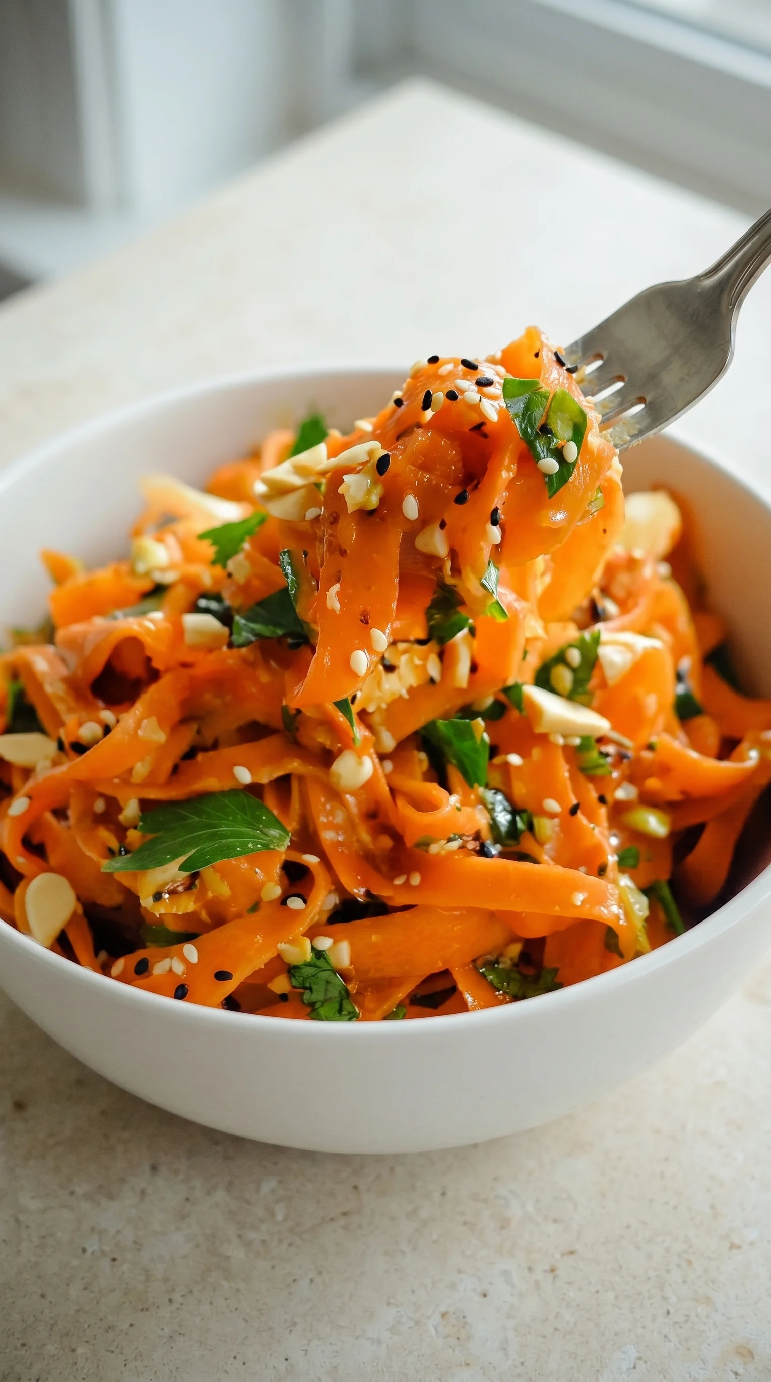 A bowl of carrots with sesame seeds and ginger.
