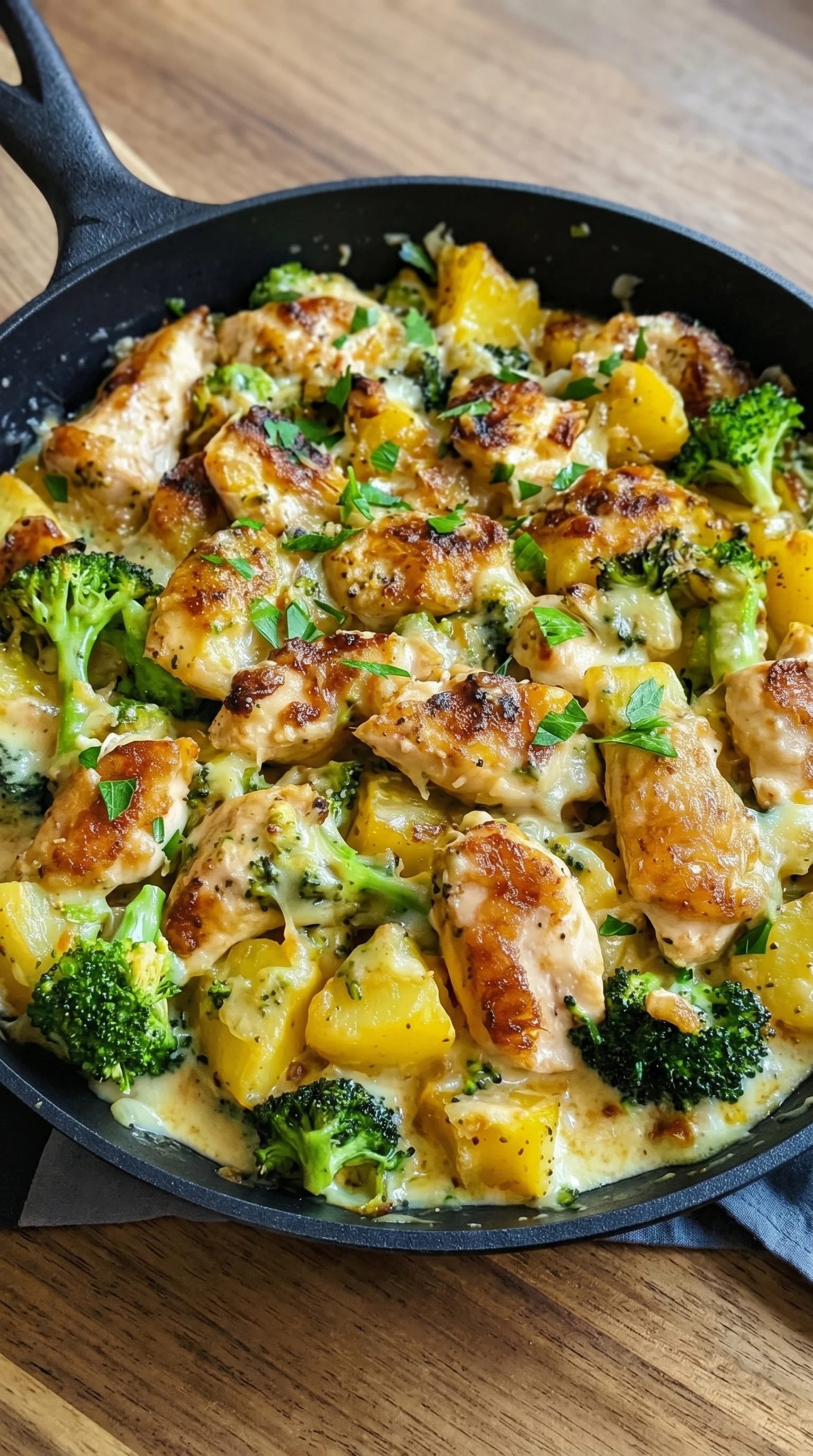 A pan of chicken and broccoli.