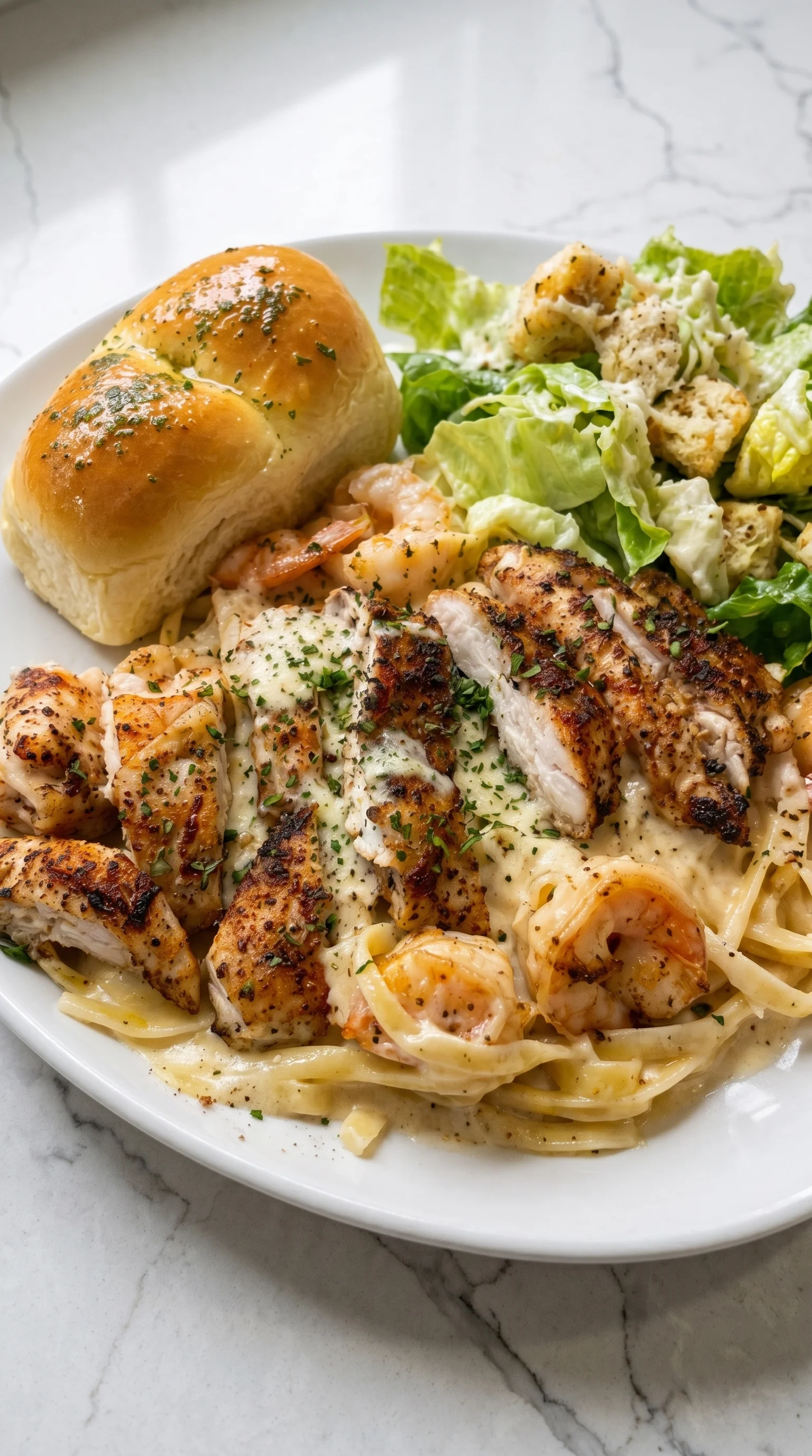 A plate of food with chicken, shrimp, and bread.