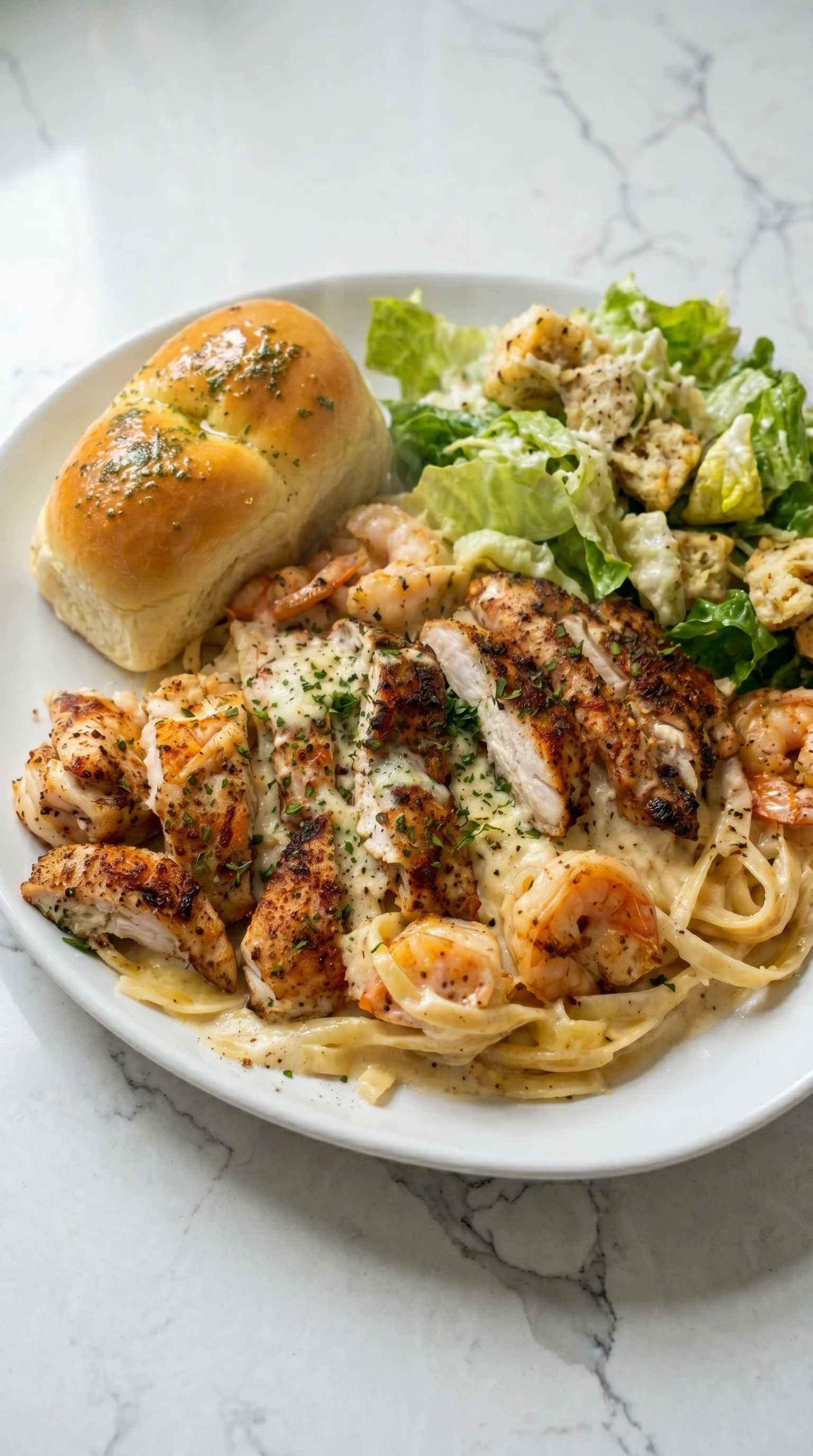 A plate of food with chicken, shrimp, and salad.