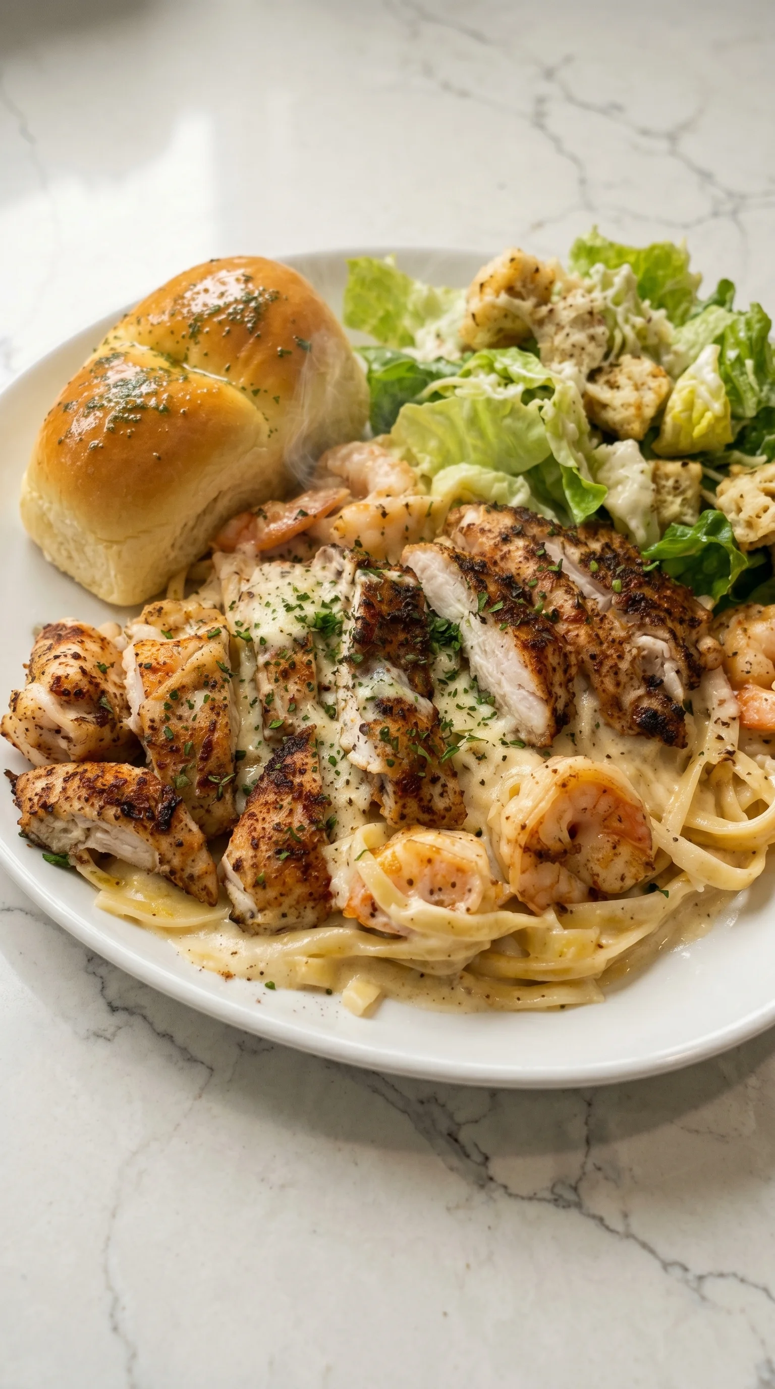 A plate of food with chicken, shrimp, and salad.