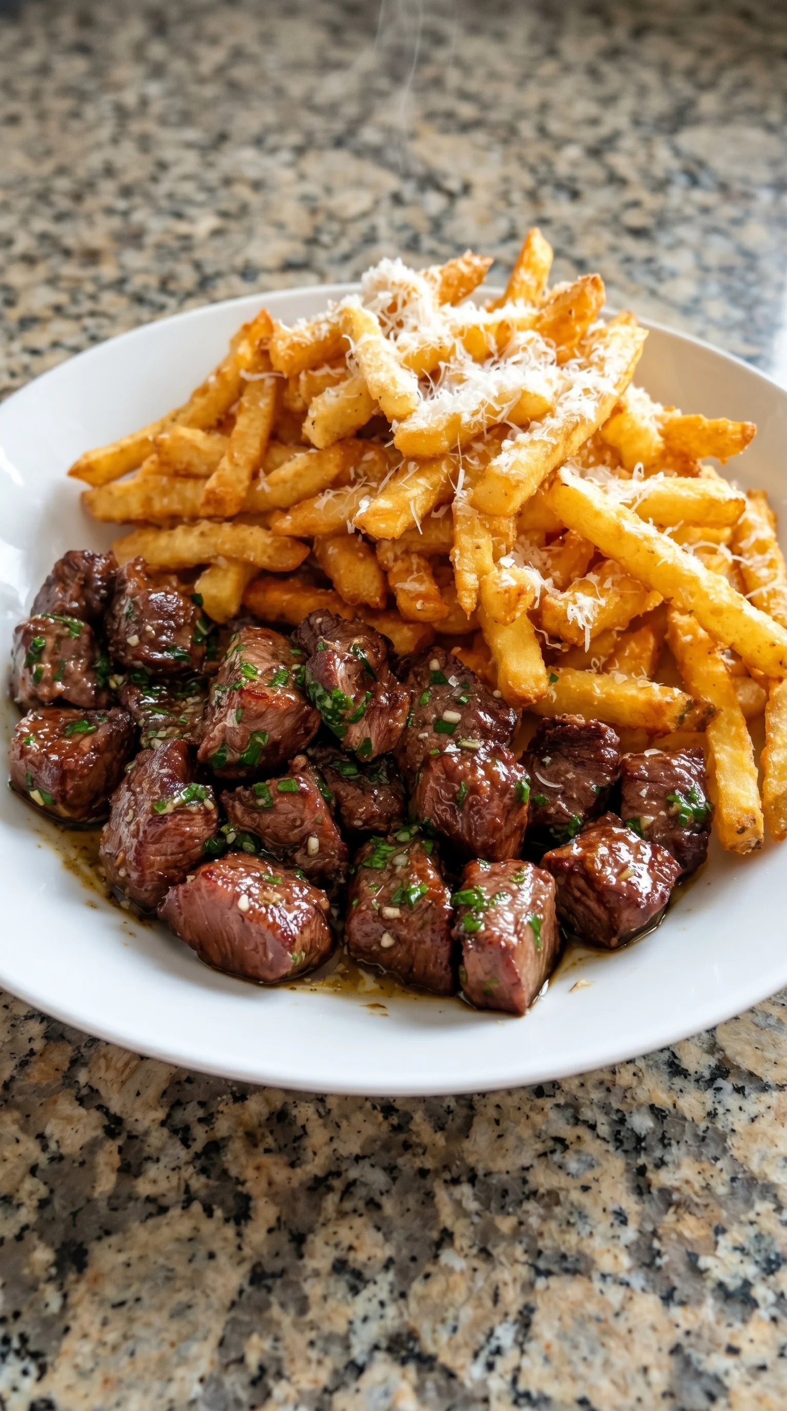A plate of food with meat and fries.