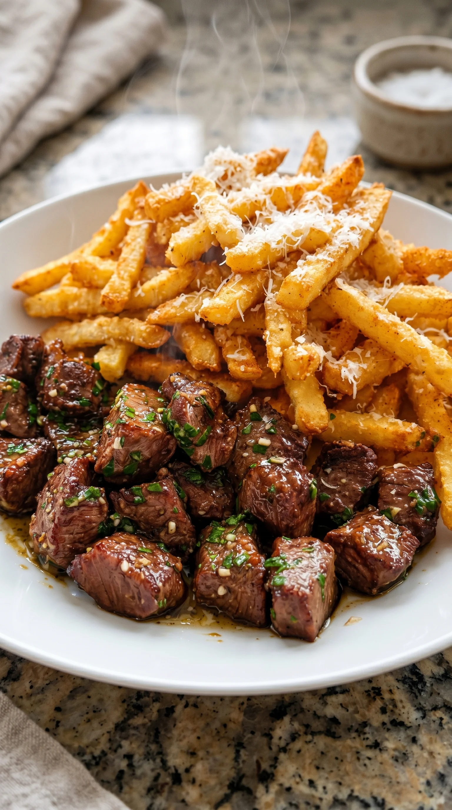 A plate of food with steak and fries.