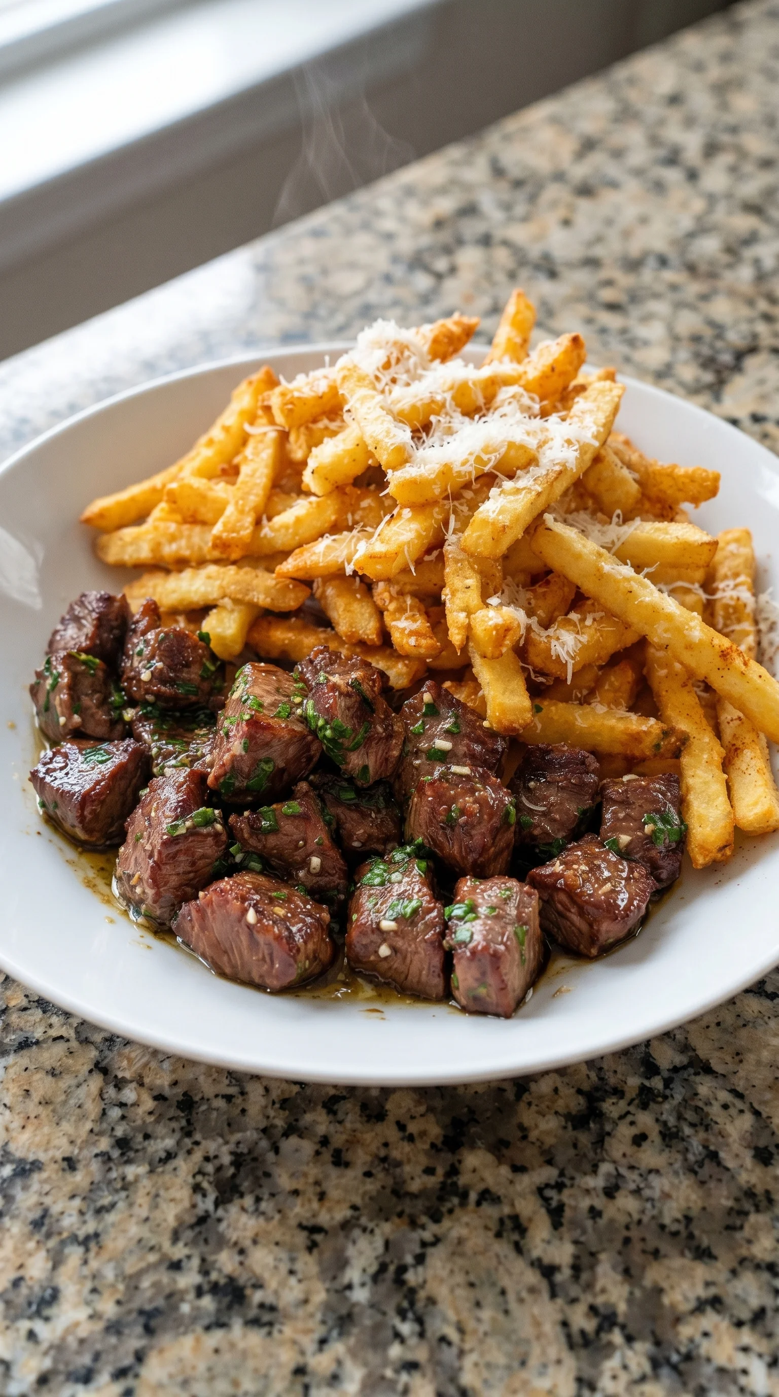 A plate of food with steak and fries.