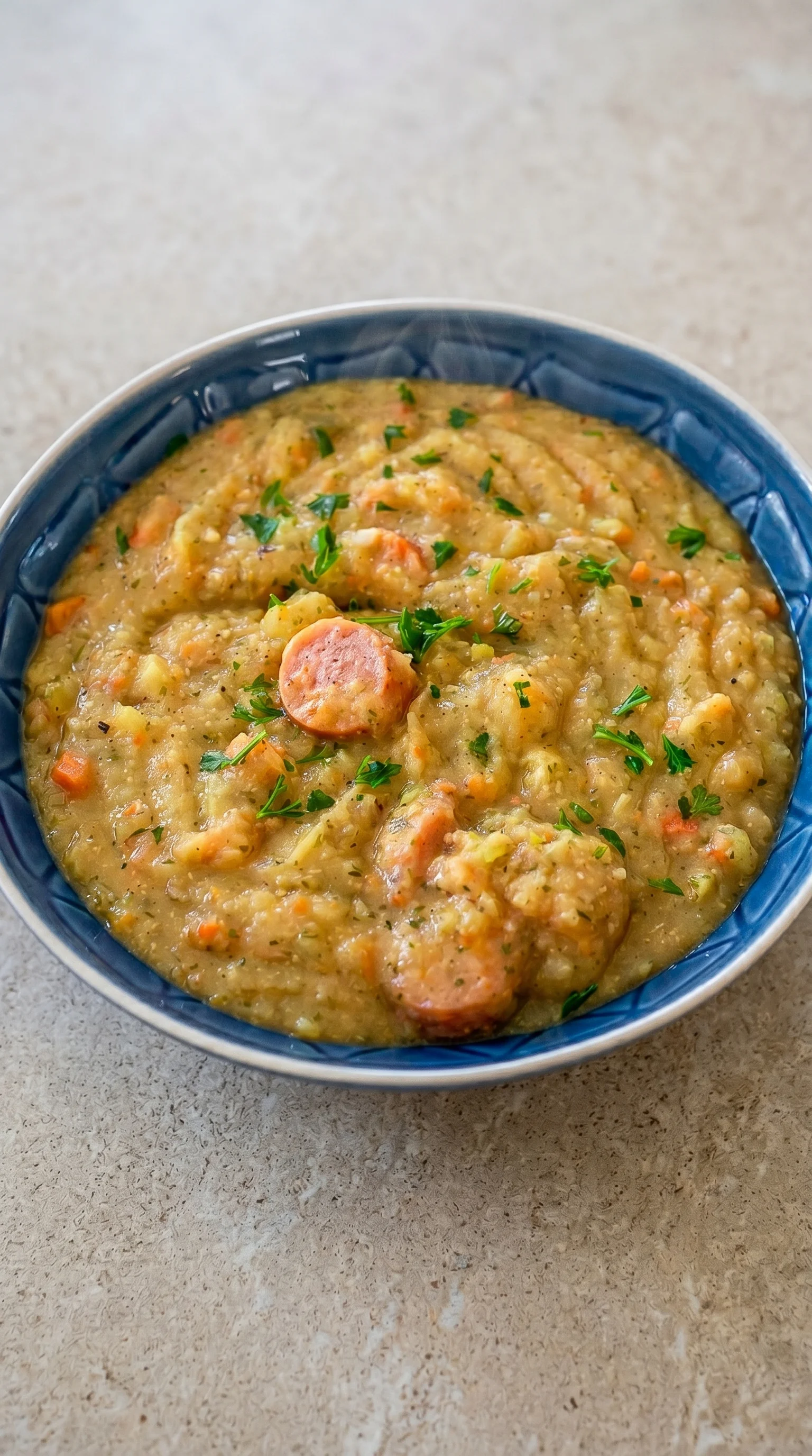 A bowl of soup with sausage in it.
