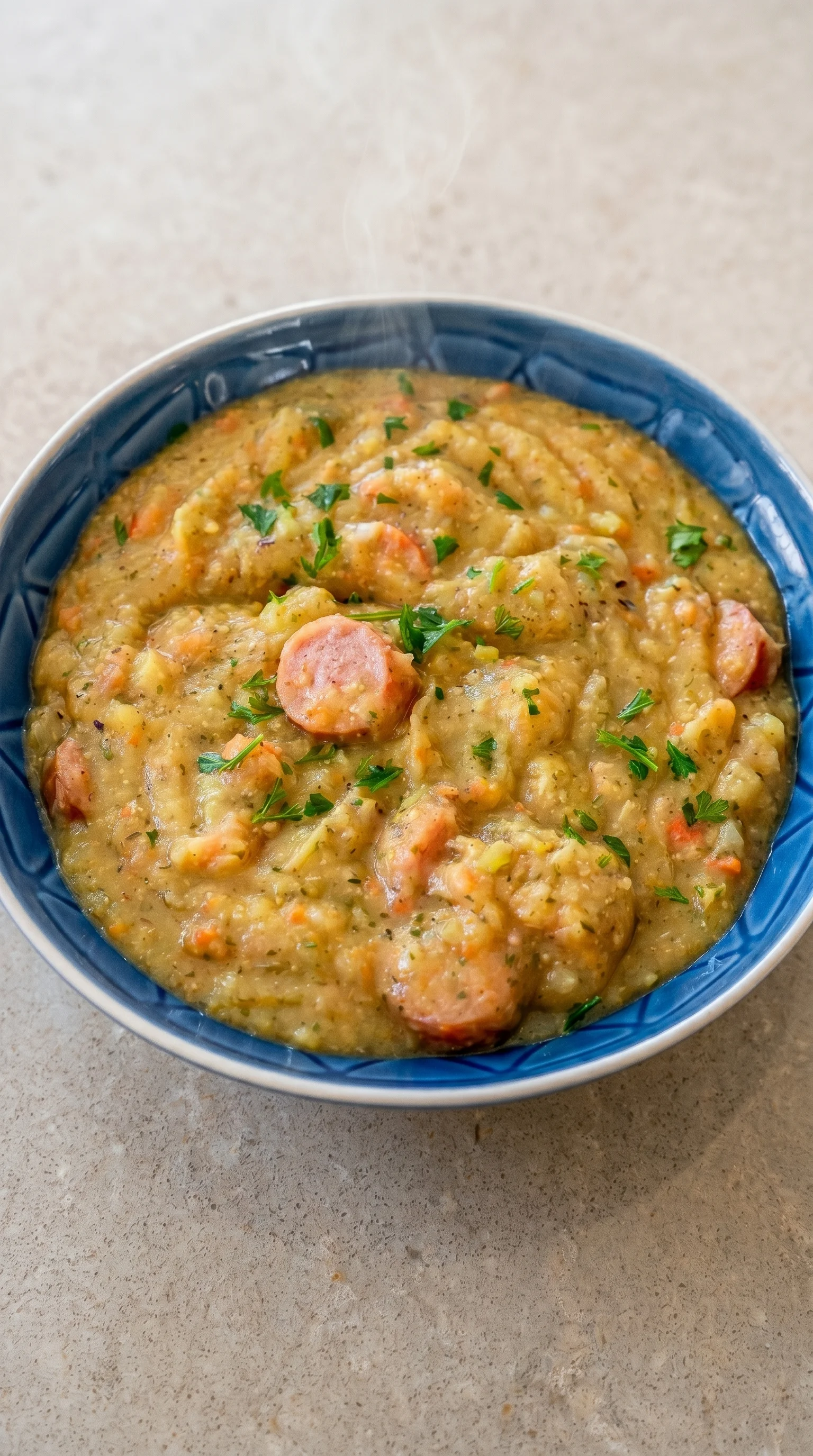 A bowl of soup with sausage in it.