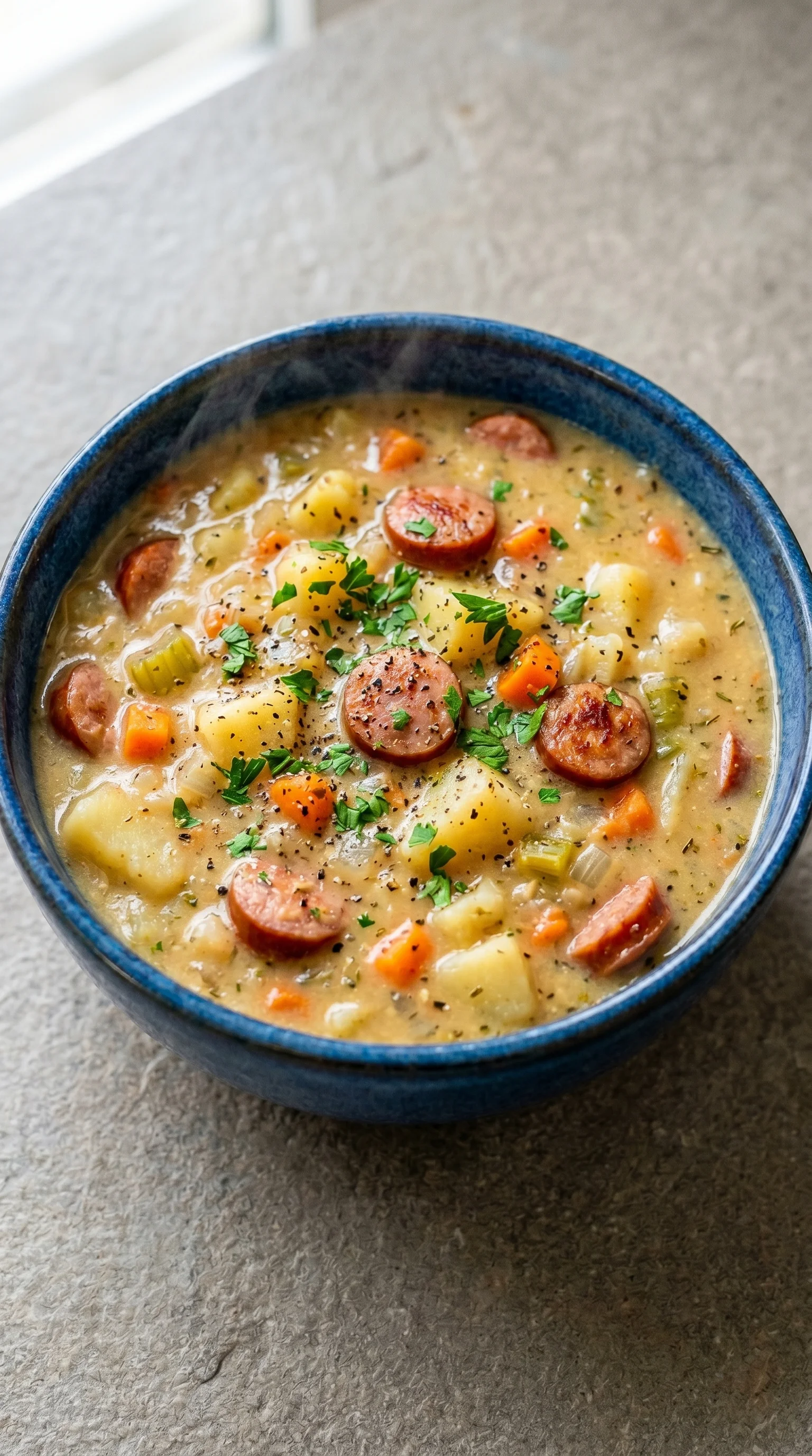 A bowl of soup with sausage and carrots.