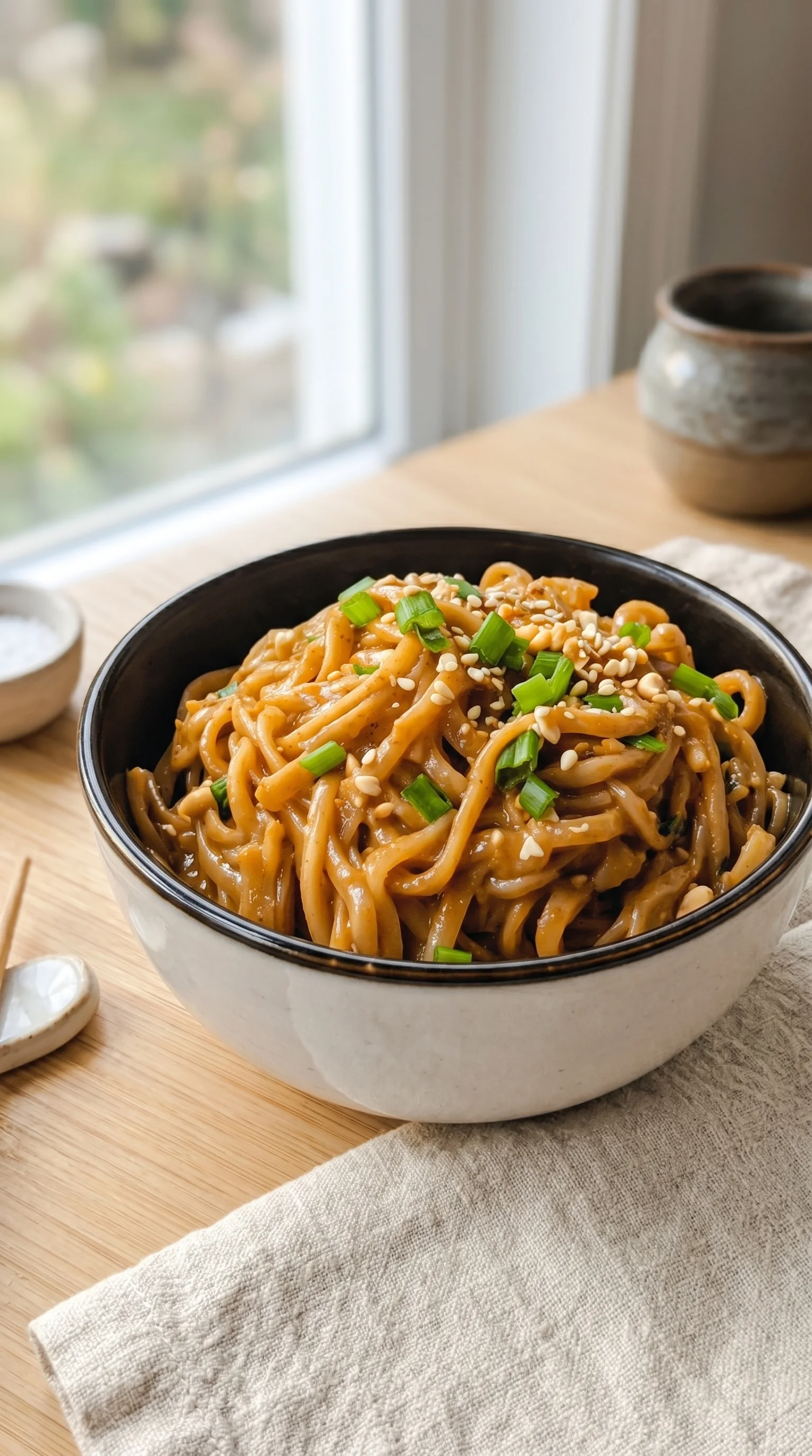A bowl of noodles with vegetables and nuts.