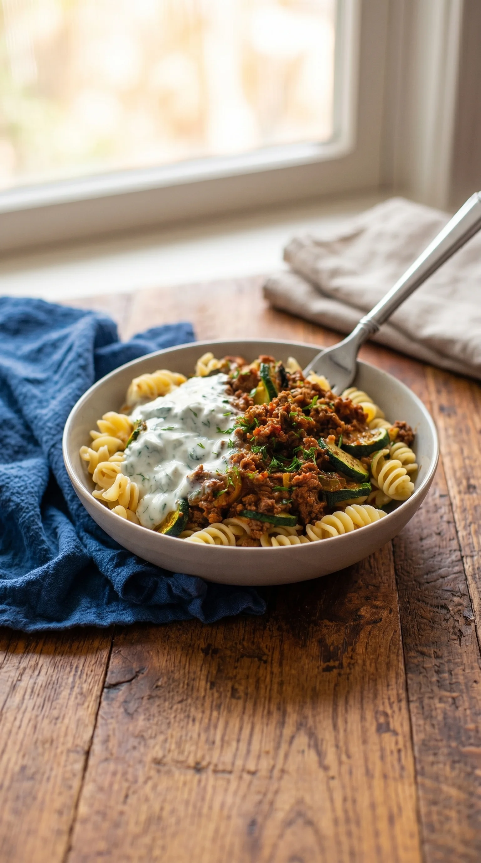 A bowl of pasta with meat and yogurt sauce.