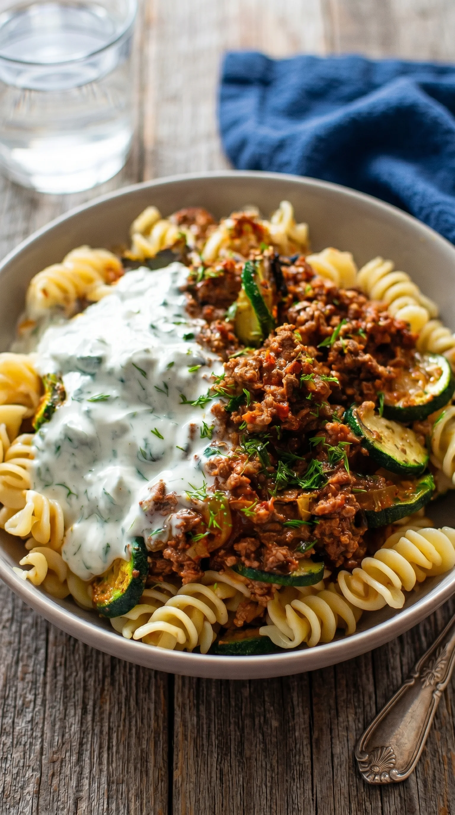 A bowl of pasta with meat and sauce.
