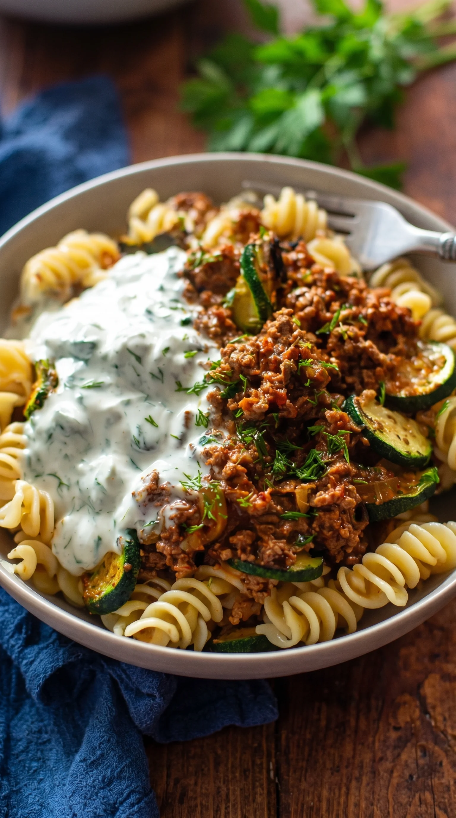 A bowl of pasta with meat and sauce.