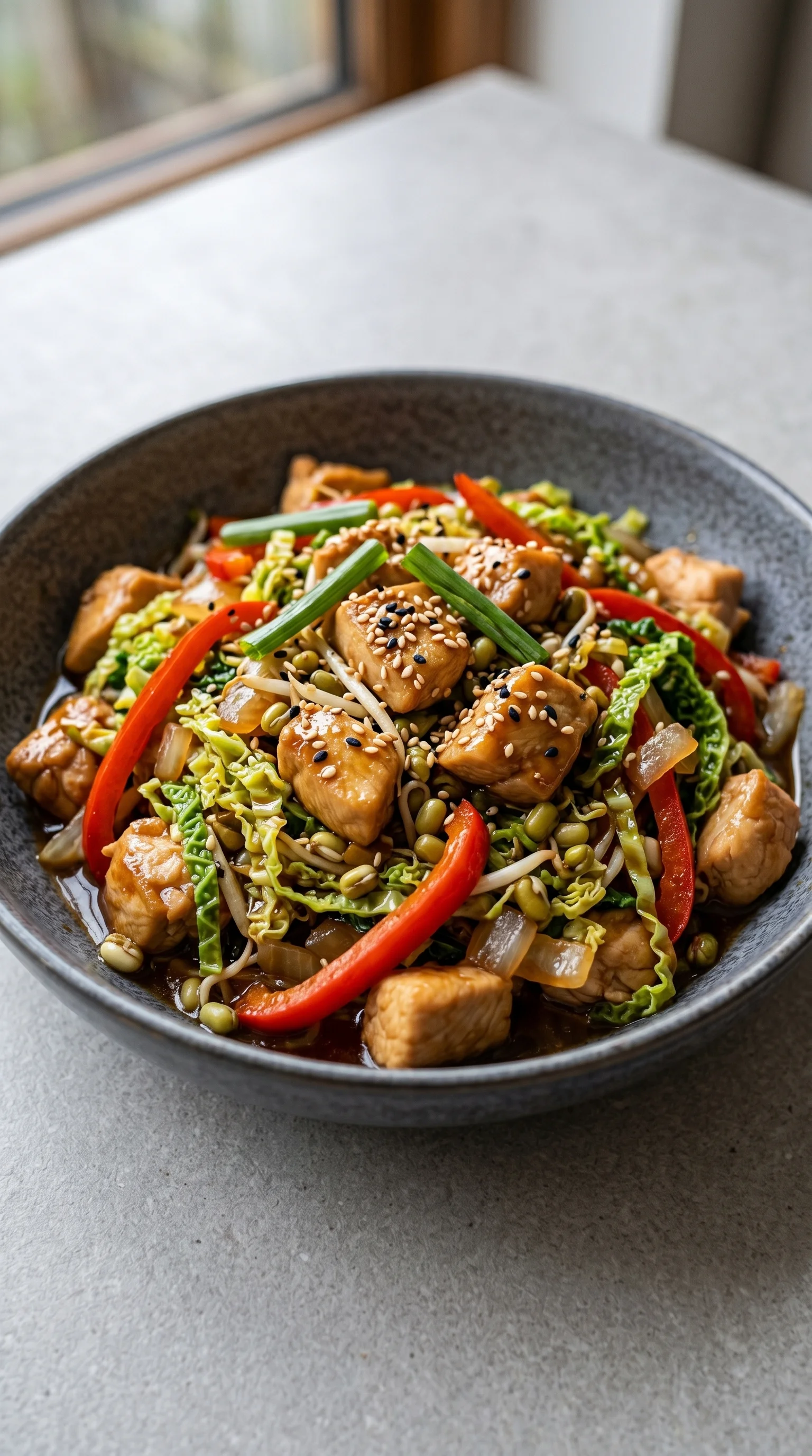 A bowl of Chinese chicken with peppers and onions.