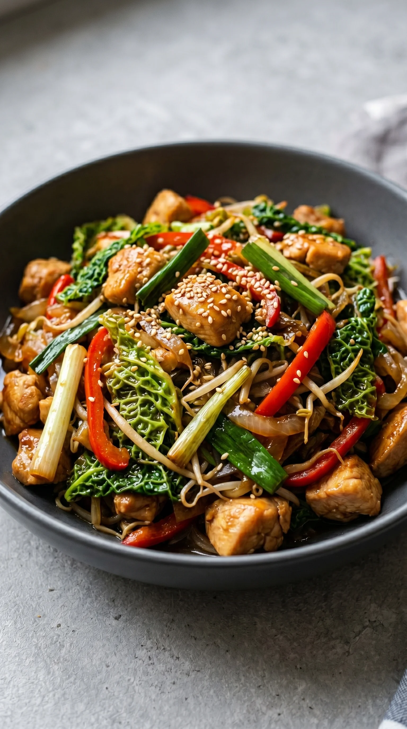A bowl of Chinese food with chicken, broccoli, and red peppers.