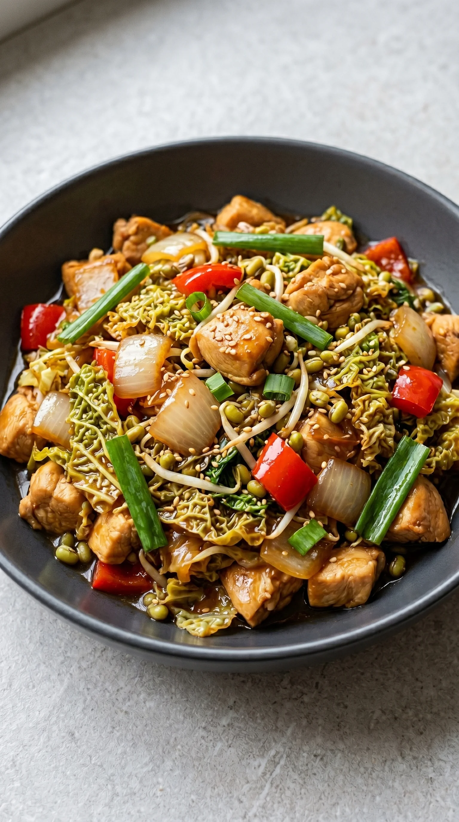 A bowl of Chinese chicken with noodles, peppers, and onions.