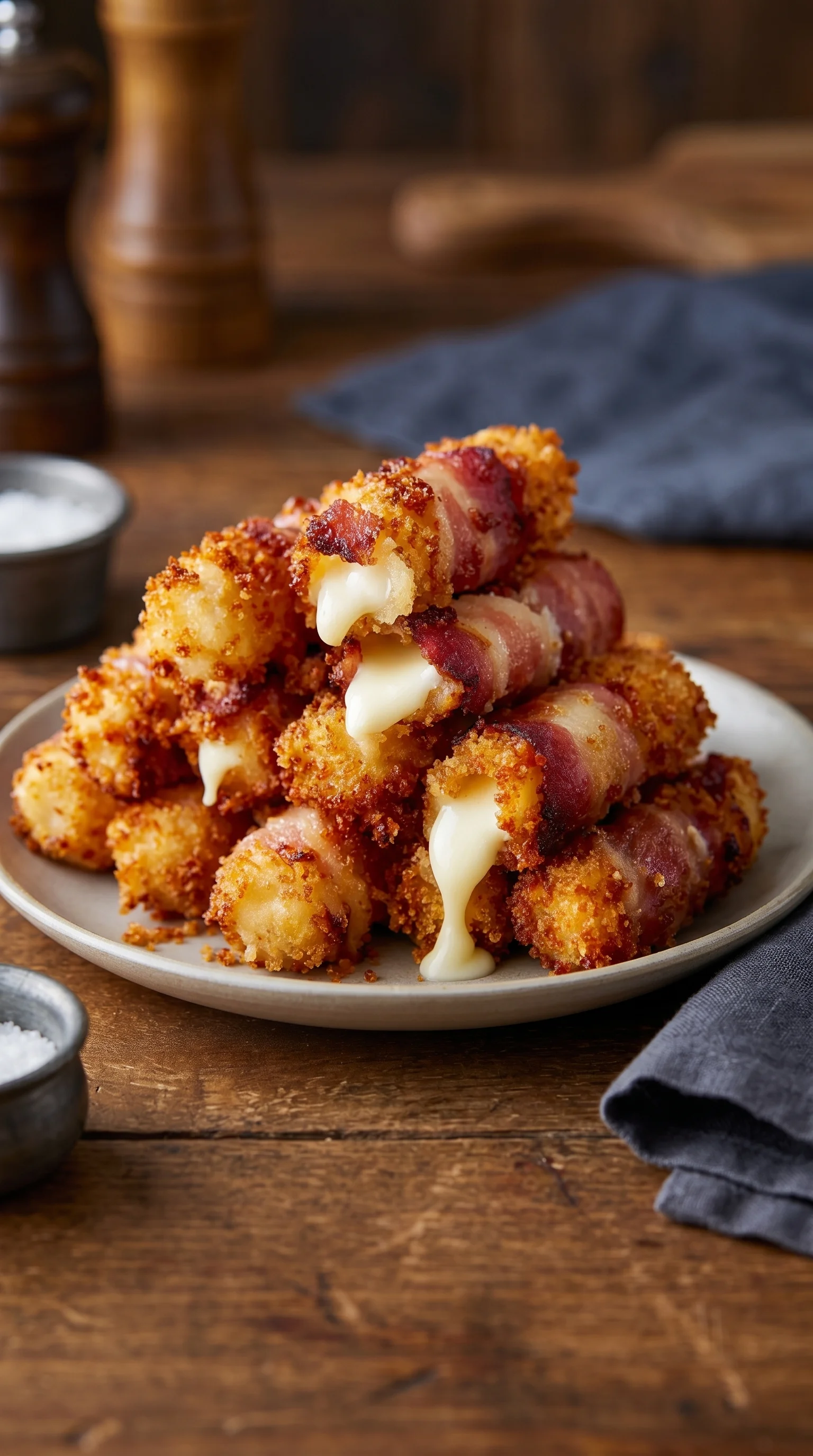 A plate of bacon wrapped in bacon with cheese on top.