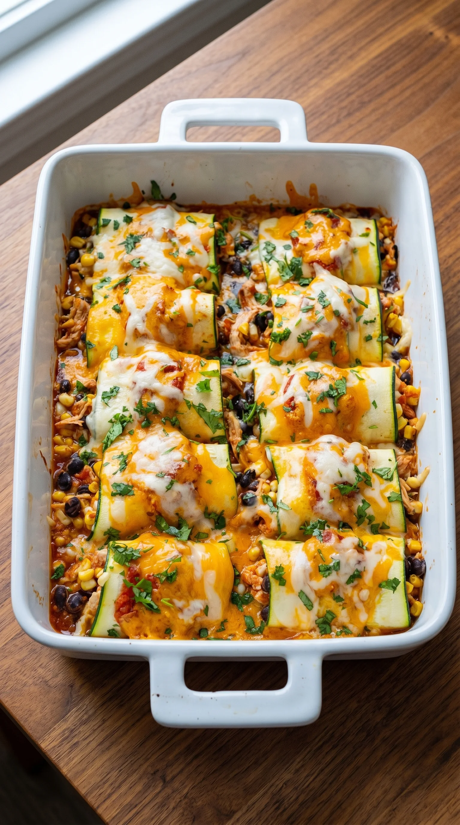 A dish of zucchini enchilada roll ups.