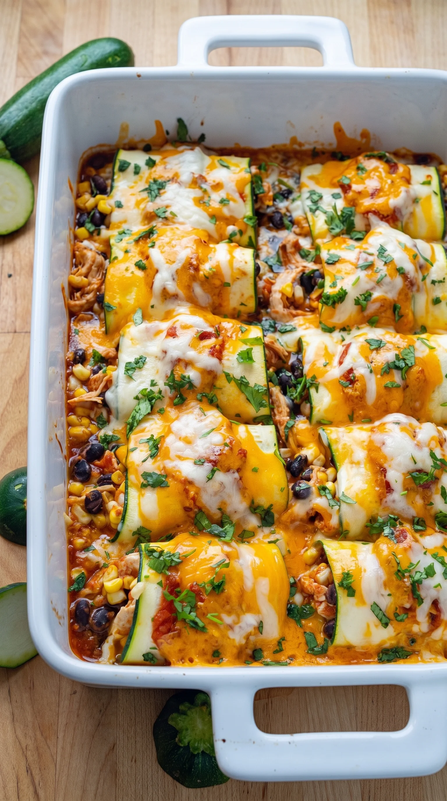 A dish of zucchini enchilada roll ups.