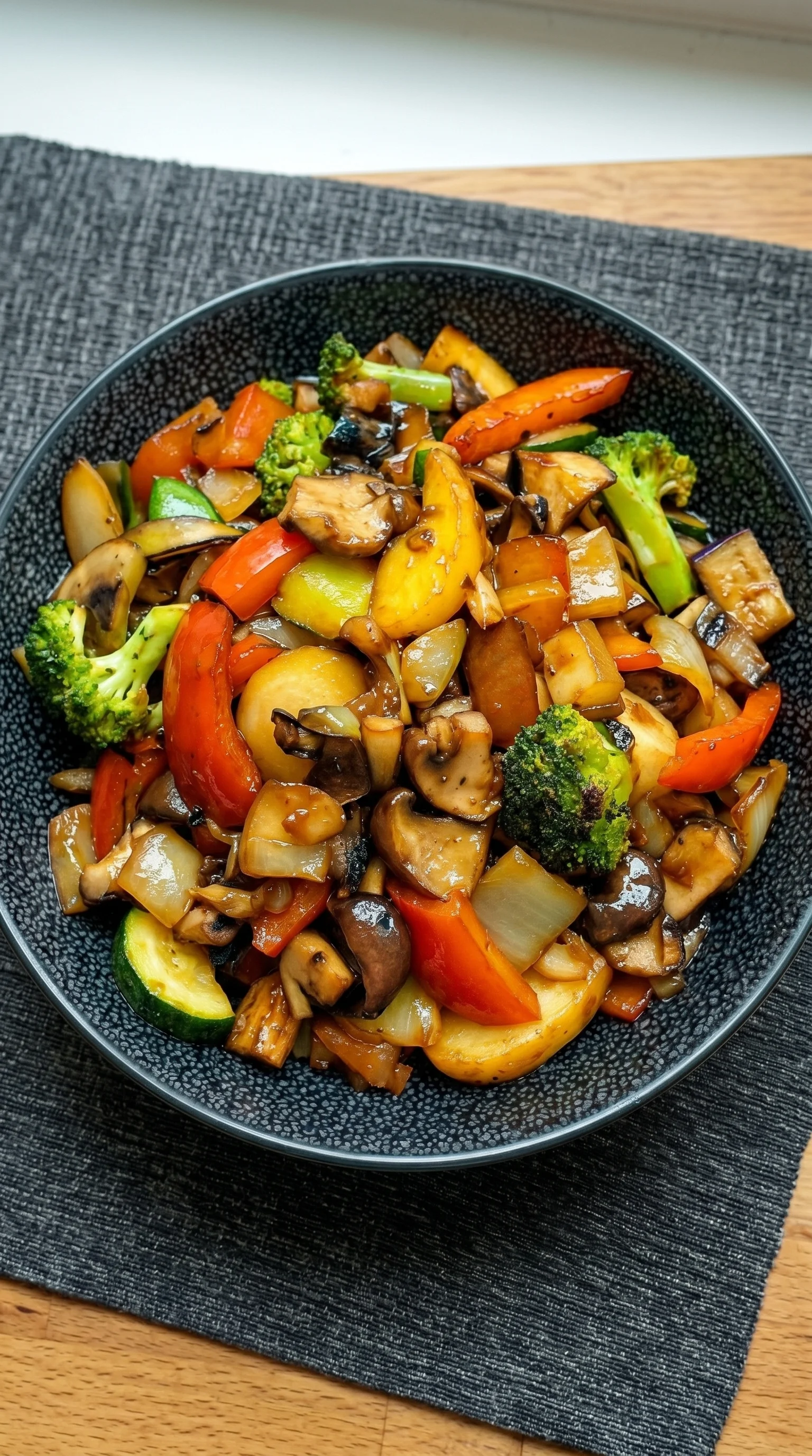 A bowl of vegetables including broccoli, carrots, and mushrooms.