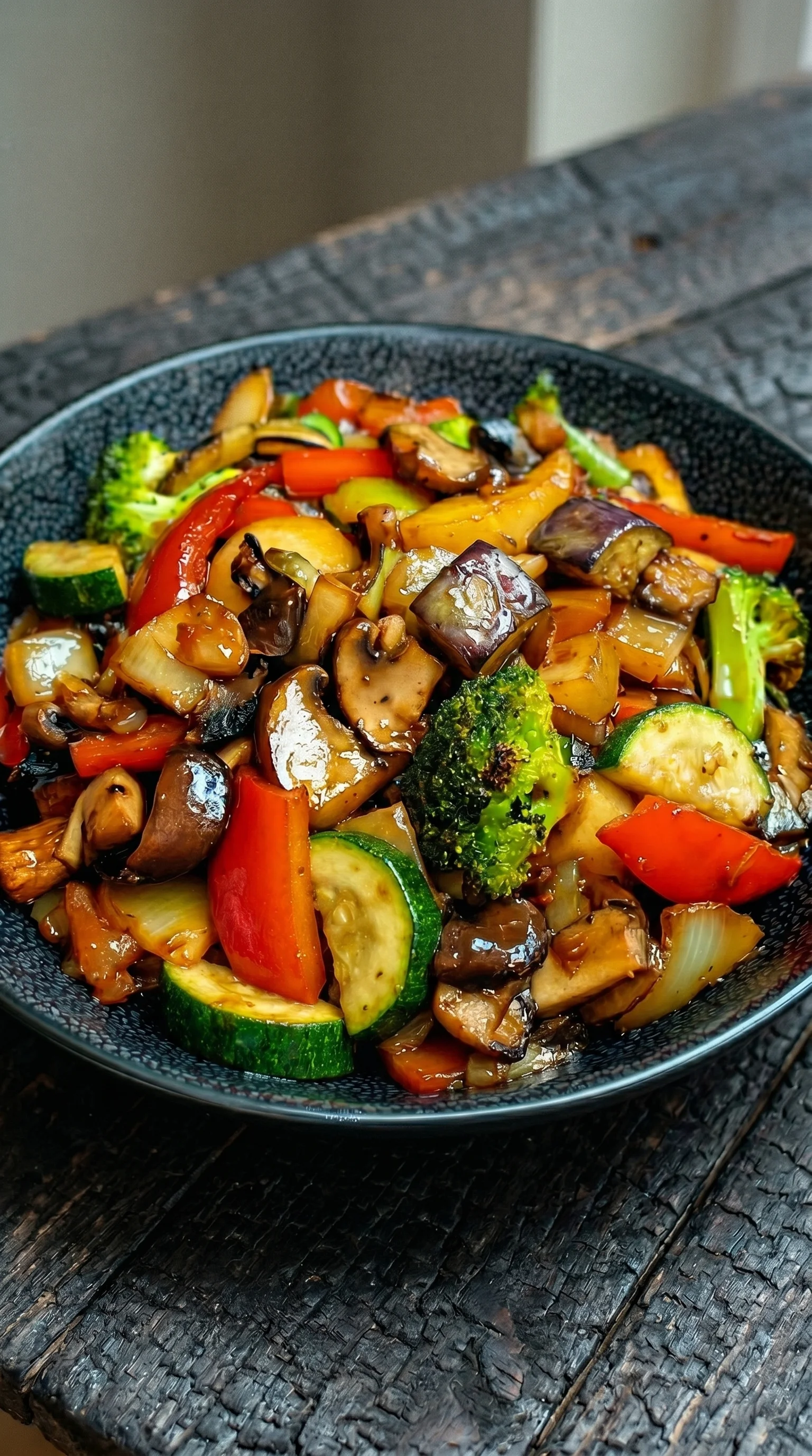 A bowl of vegetables including broccoli, carrots, and peppers.