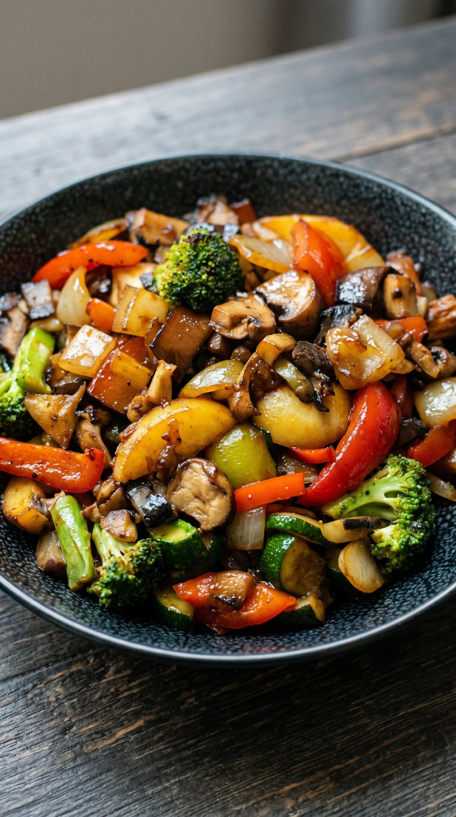 A bowl of vegetables including broccoli, peppers, and mushrooms.