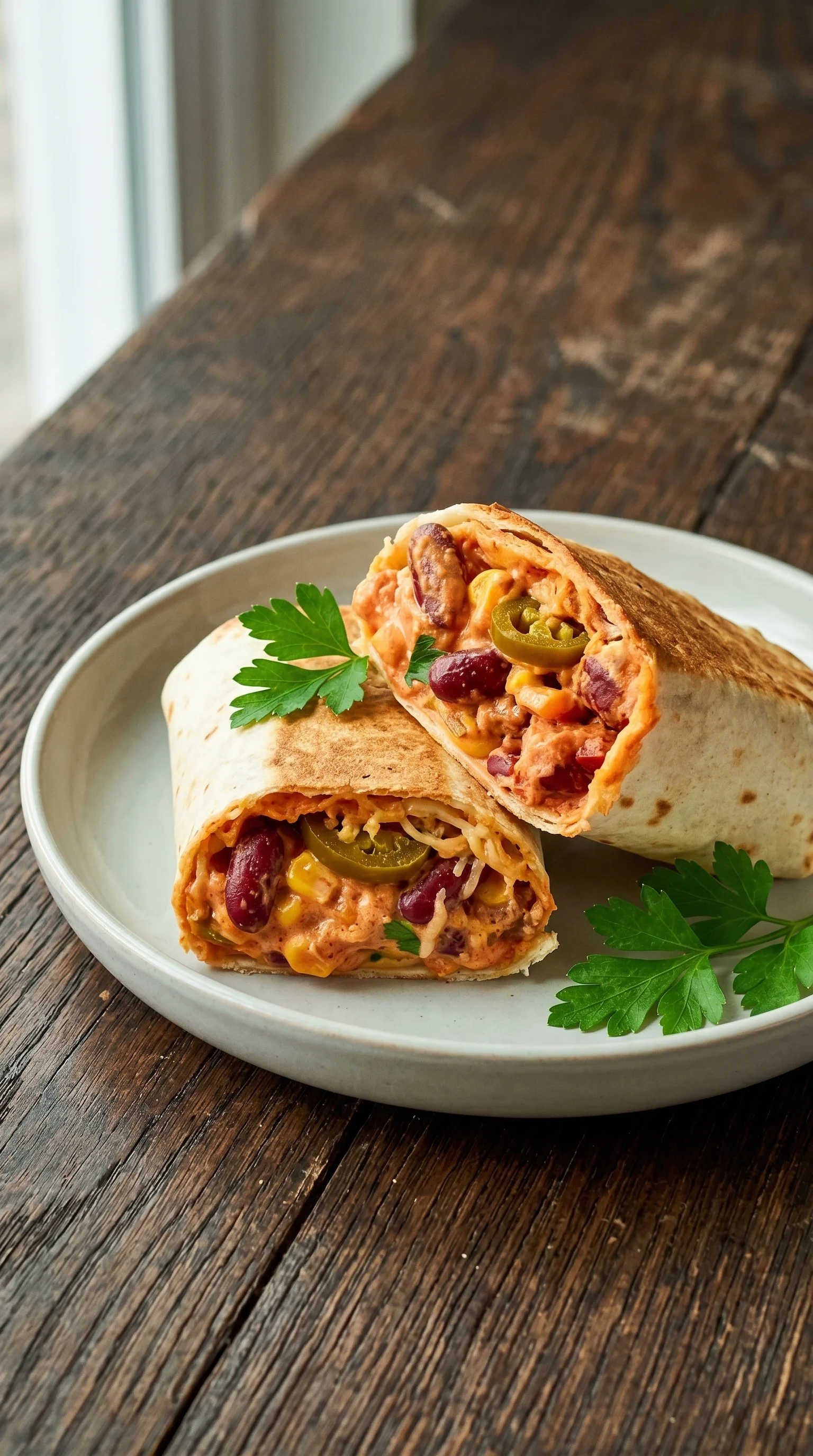 Two vegetarian wraps with beans, corn, and jalapenos.