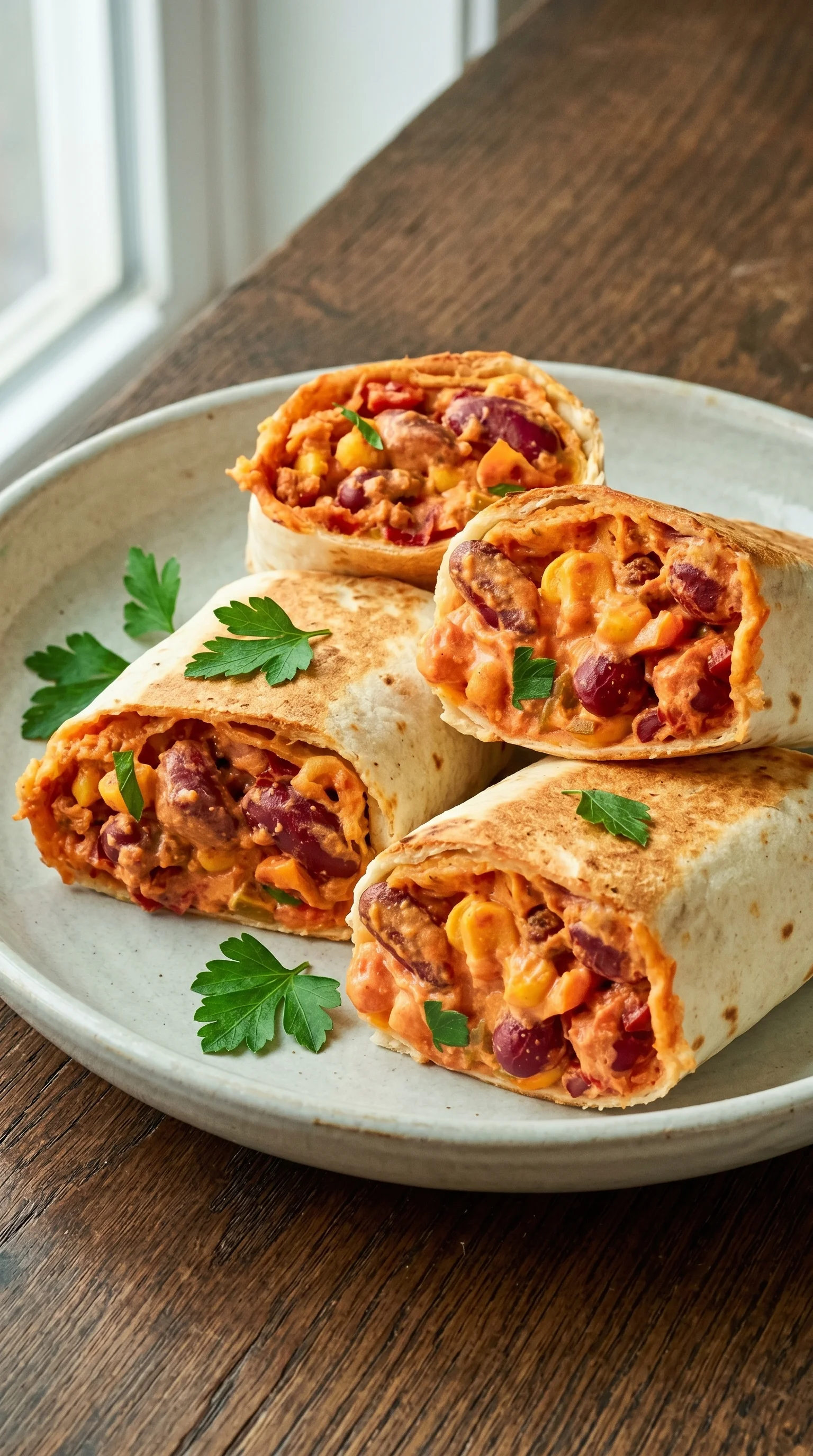 A plate of vegetarian wraps with beans and corn.
