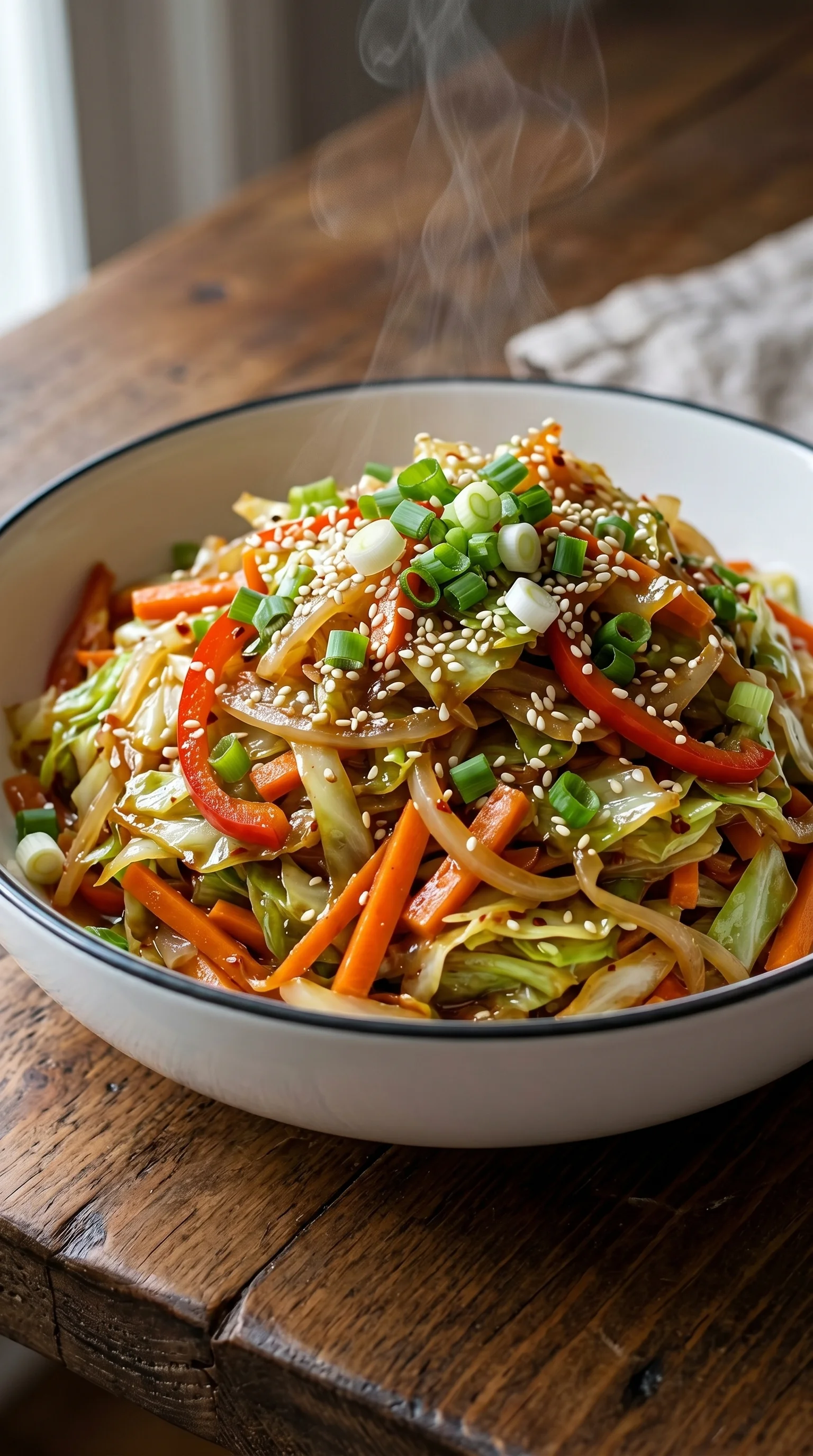 A bowl of food with carrots and cabbage.