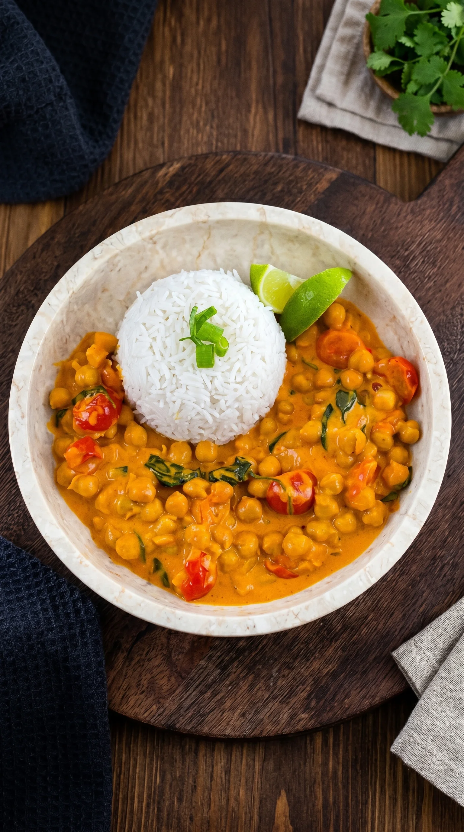 A bowl of curry with rice and lime.