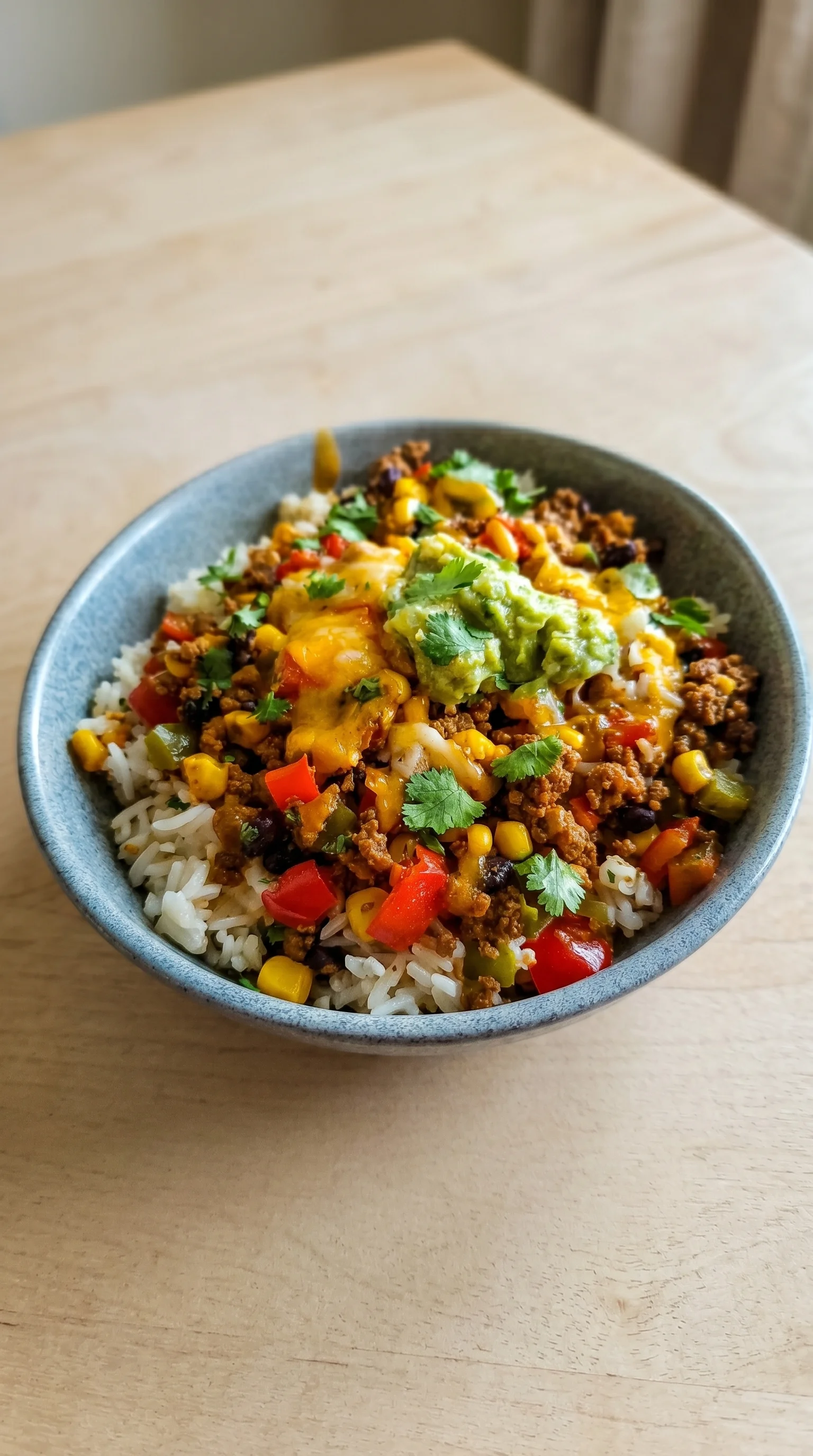 A bowl of rice and beans with a taco on top.