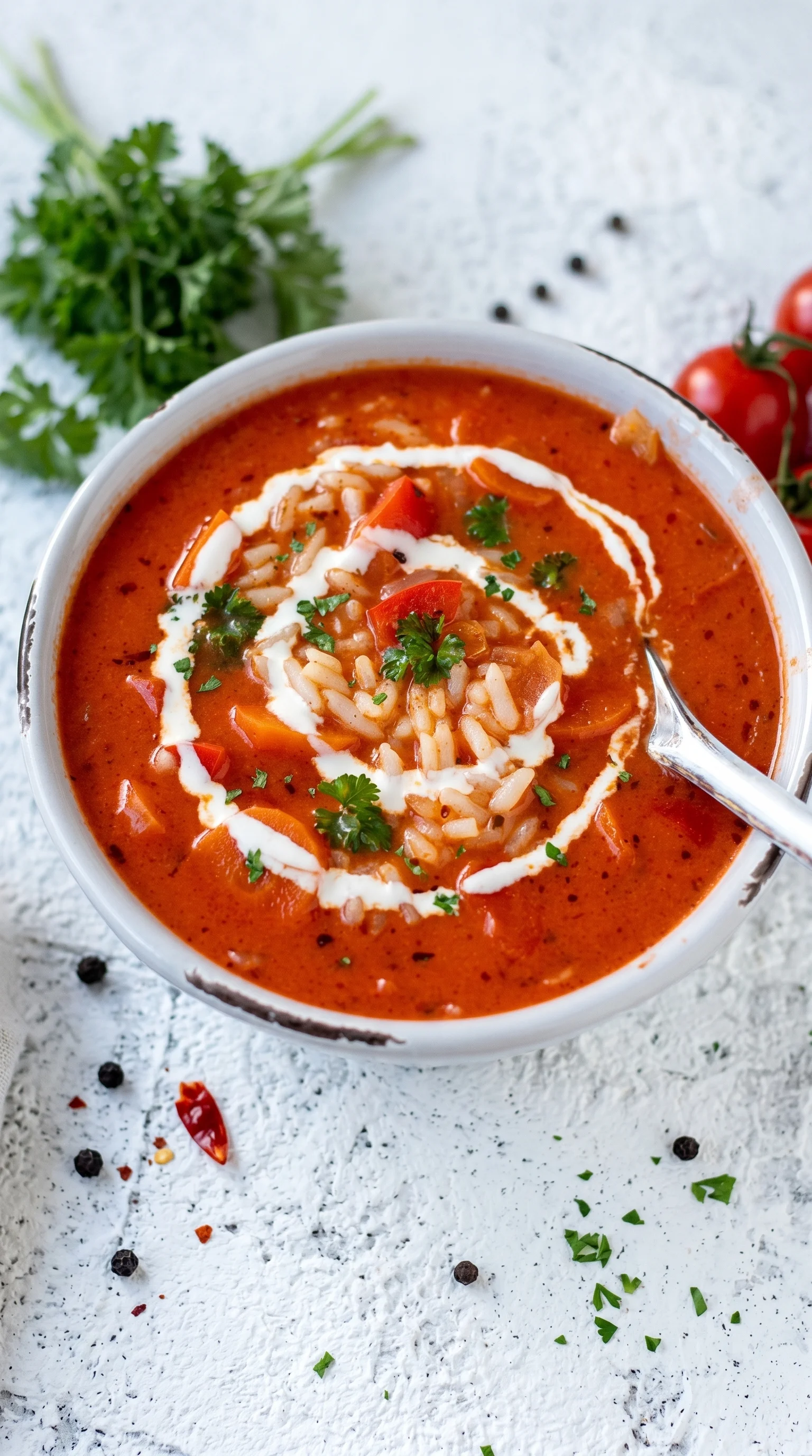 A bowl of tomato soup with rice on top.
